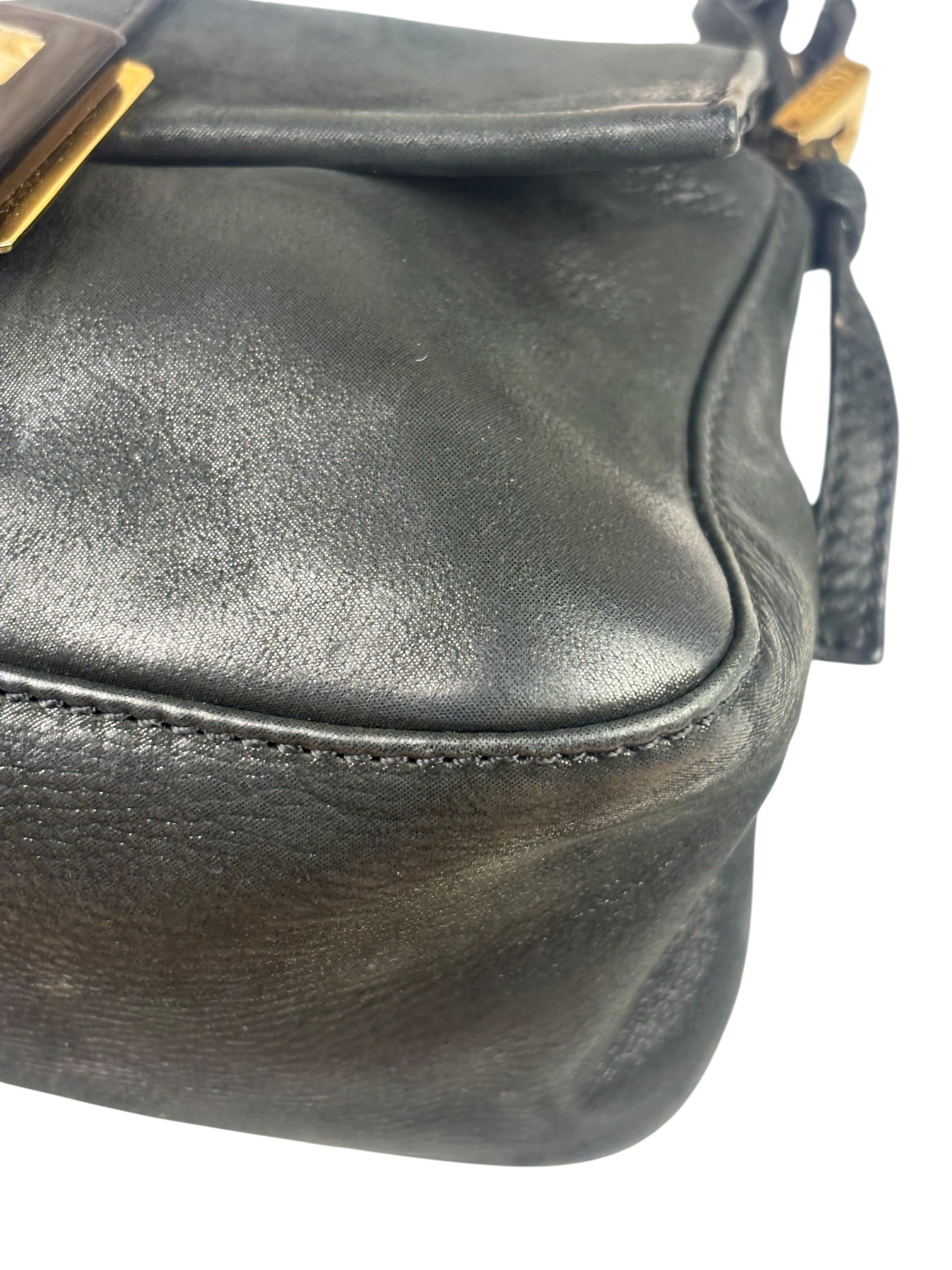 Fendi Shiny Black Suede Small Baguette