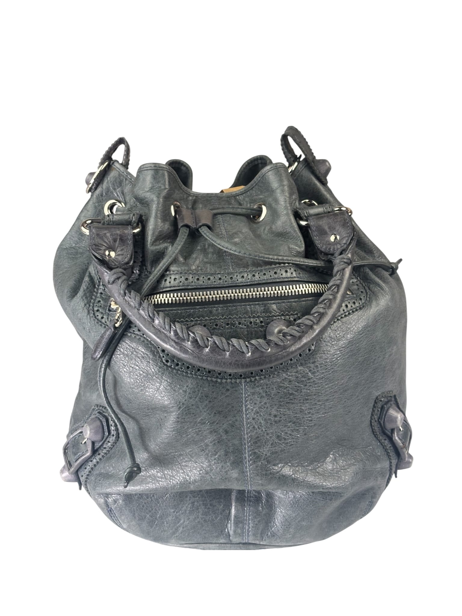Balenciaga Grey Lambskin Giant Brogues Pompom Two-Way Bag
