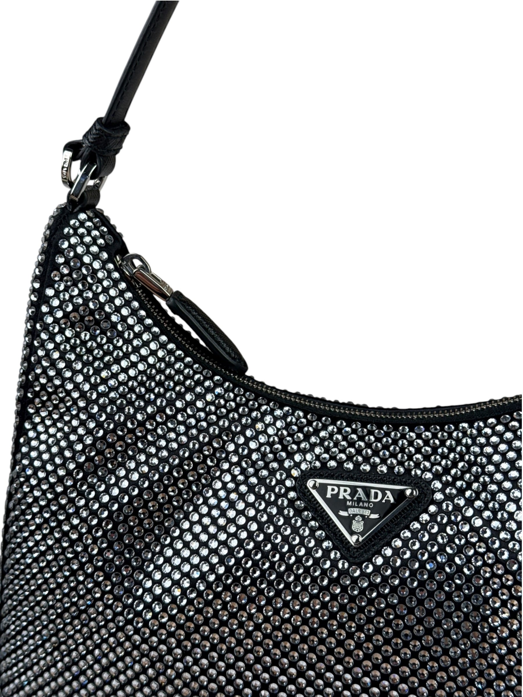 Prada Black Satin/Saffiano Leather Trim  Re-Edition Crystal-Studded Mini Pochette 2005