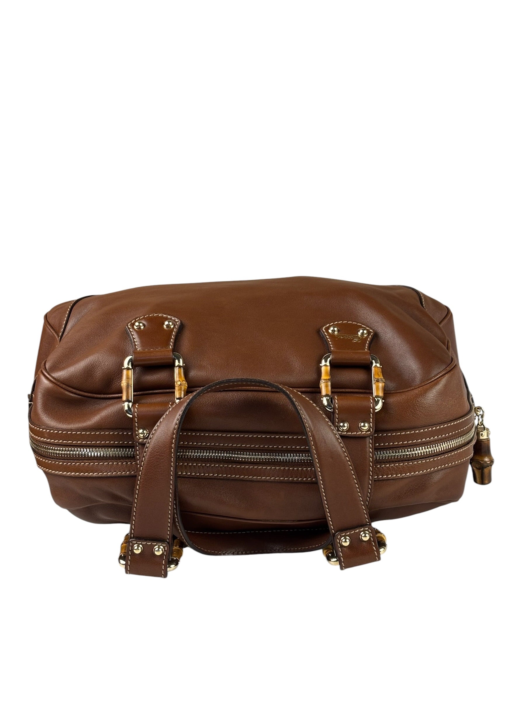 Gucci Tan Brown Leather Bamboo Handle Boston Bag