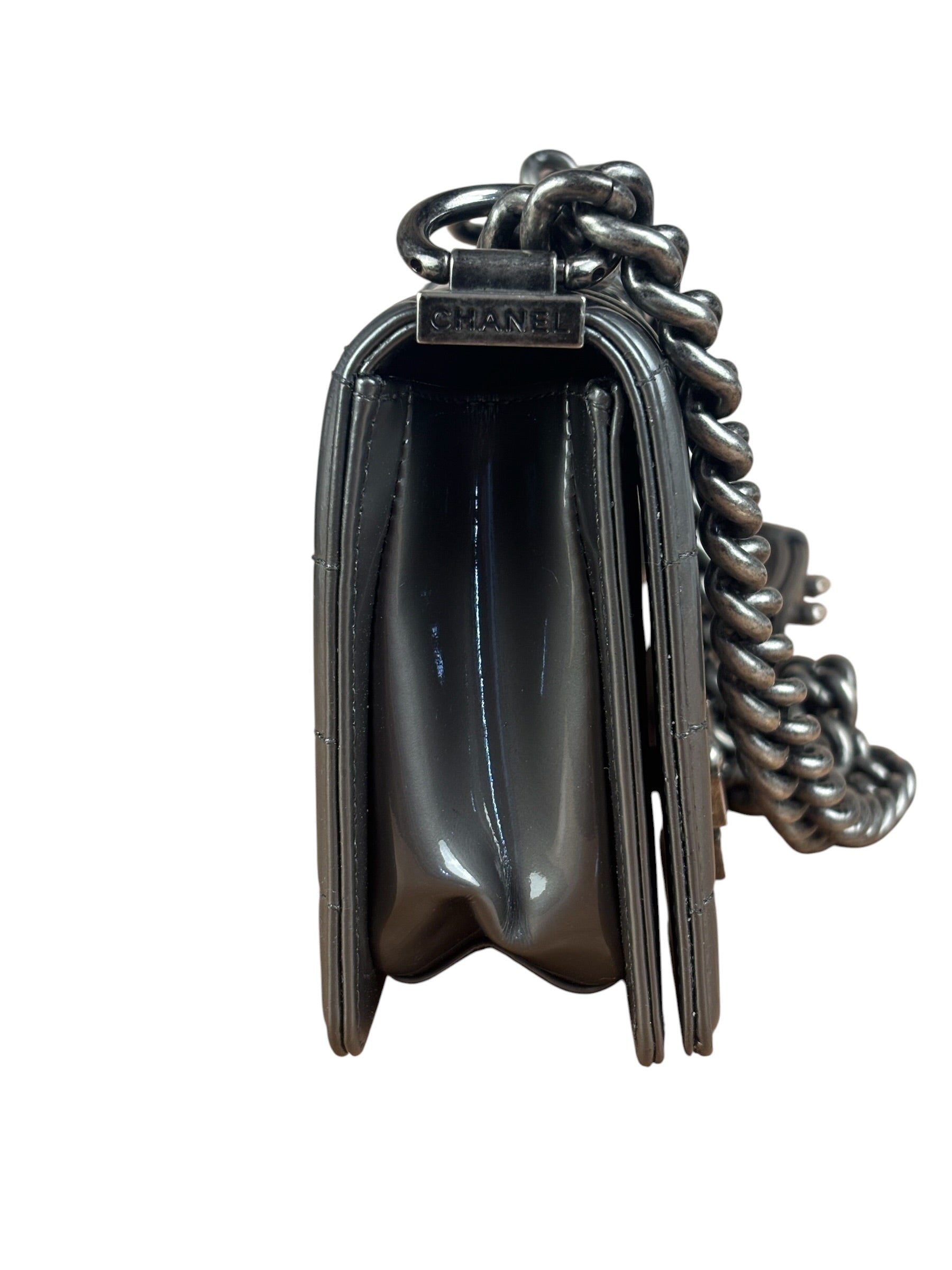 Chanel Gray Patent Leather Boy Flap Shoulder Bag
