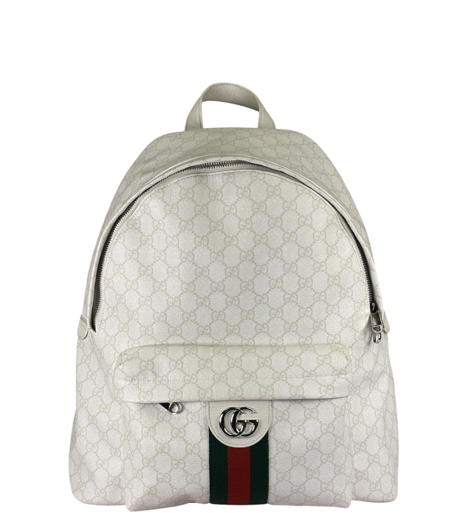 Gucci White Leather GG Green/Red Stripe Backpack