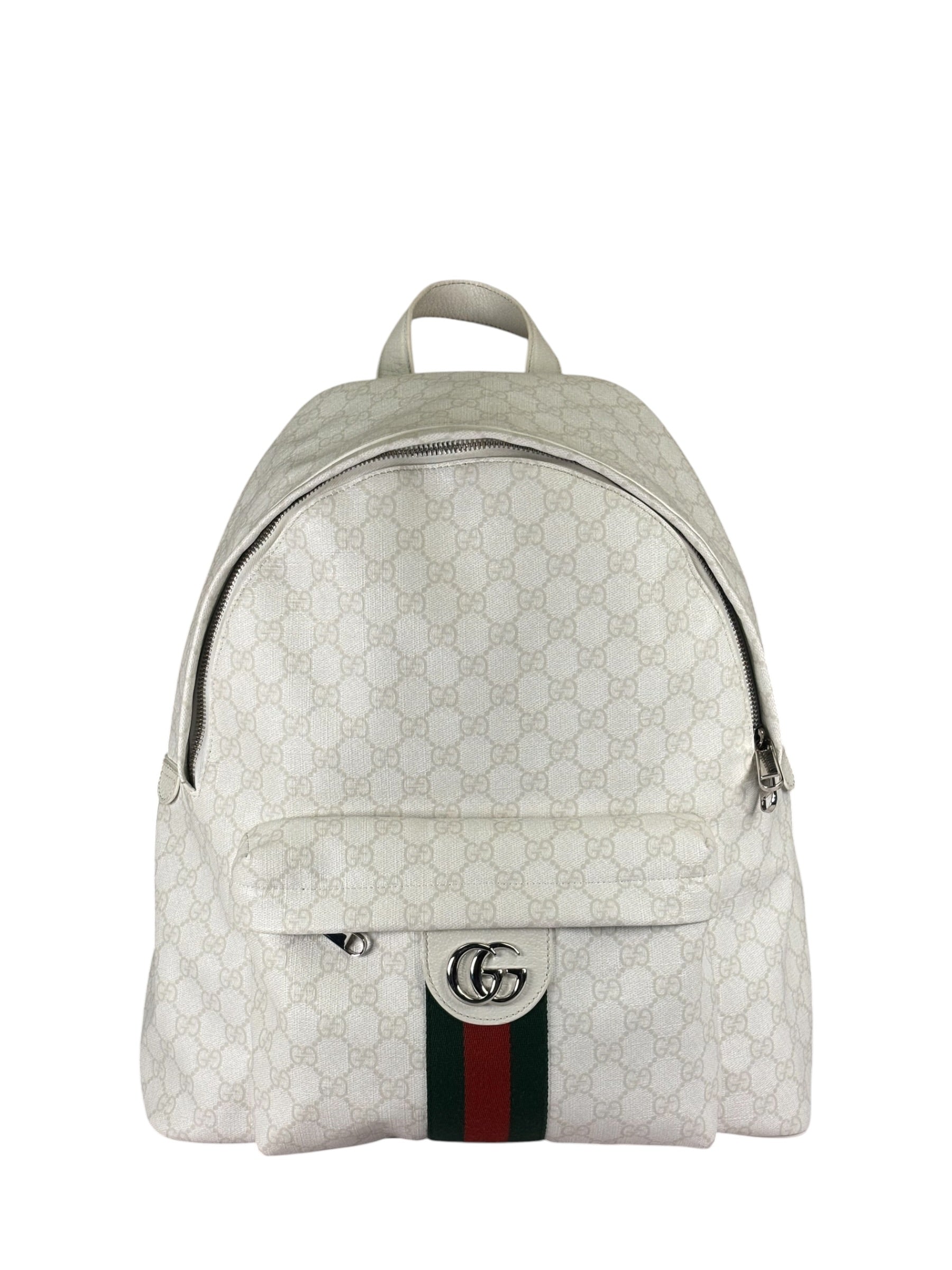 Gucci White Leather GG Green/Red Stripe Backpack