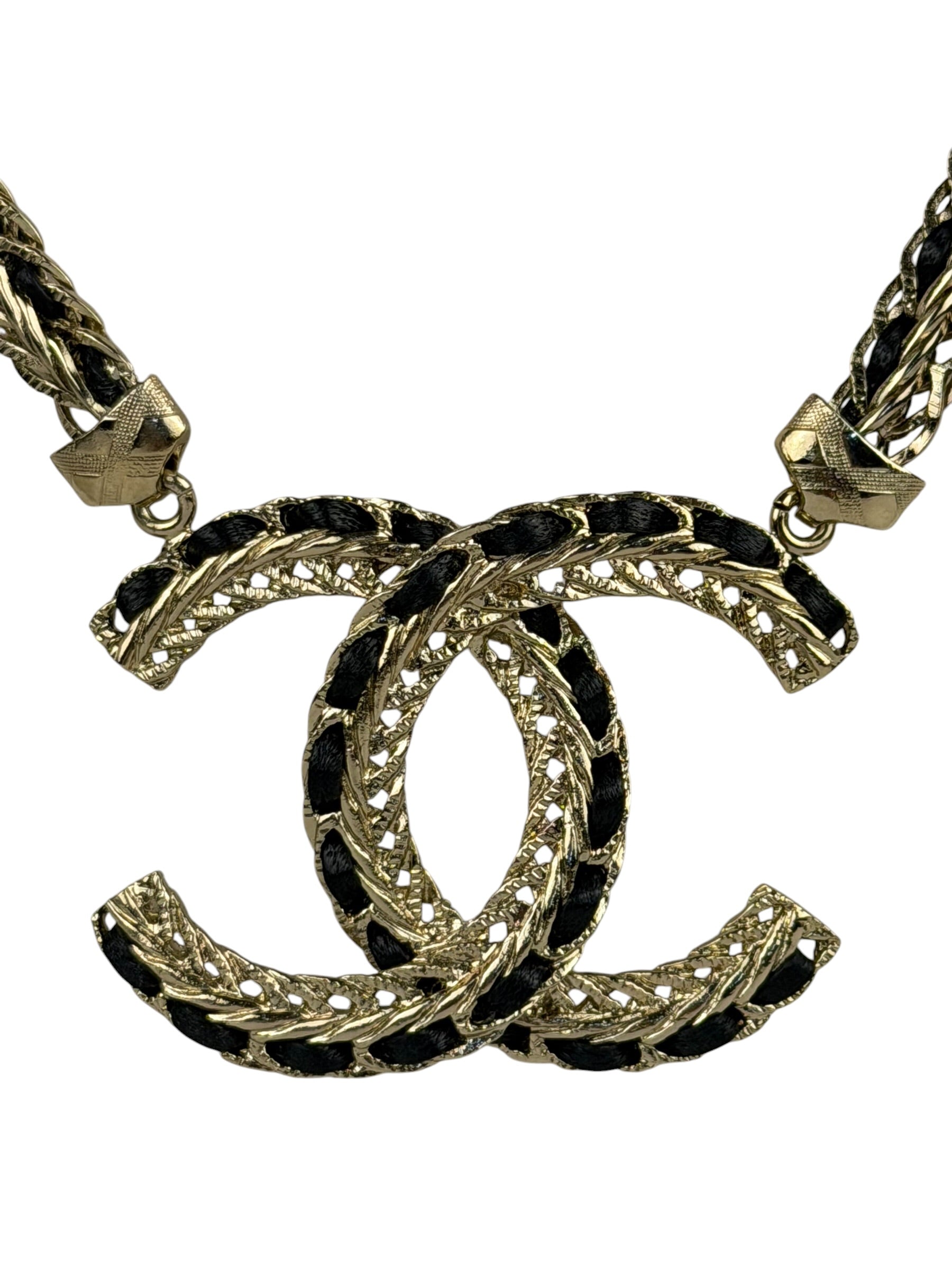 Chanel 22S Gold Metal/Black Leather Pendant Necklace