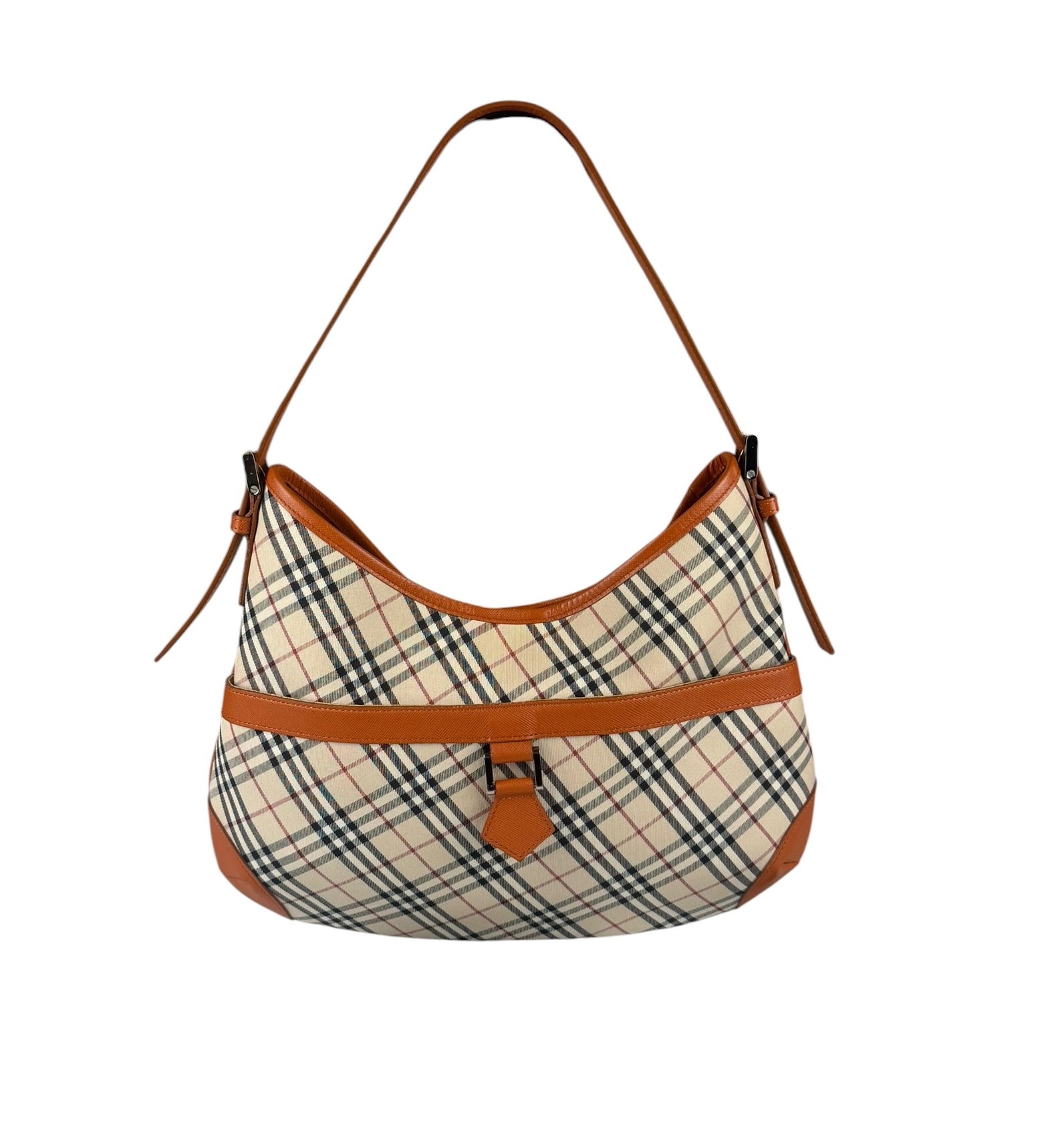 Burberry Orange Leather Trim Nova Check Hobo Bag