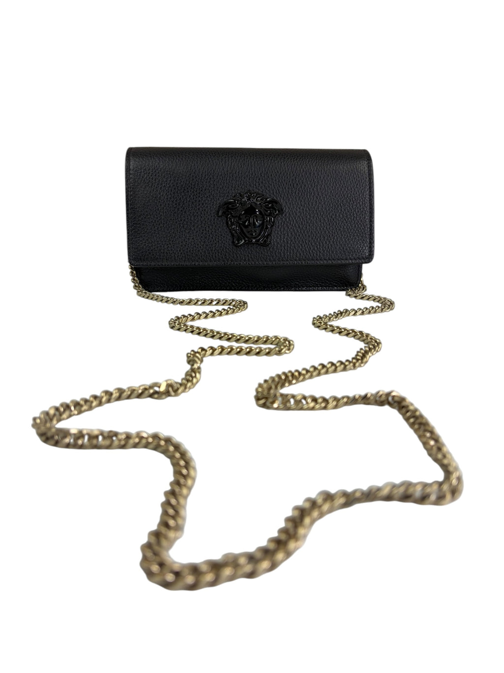 Versace Black Leather Palazzo Medusa Flap Wallet On Chain