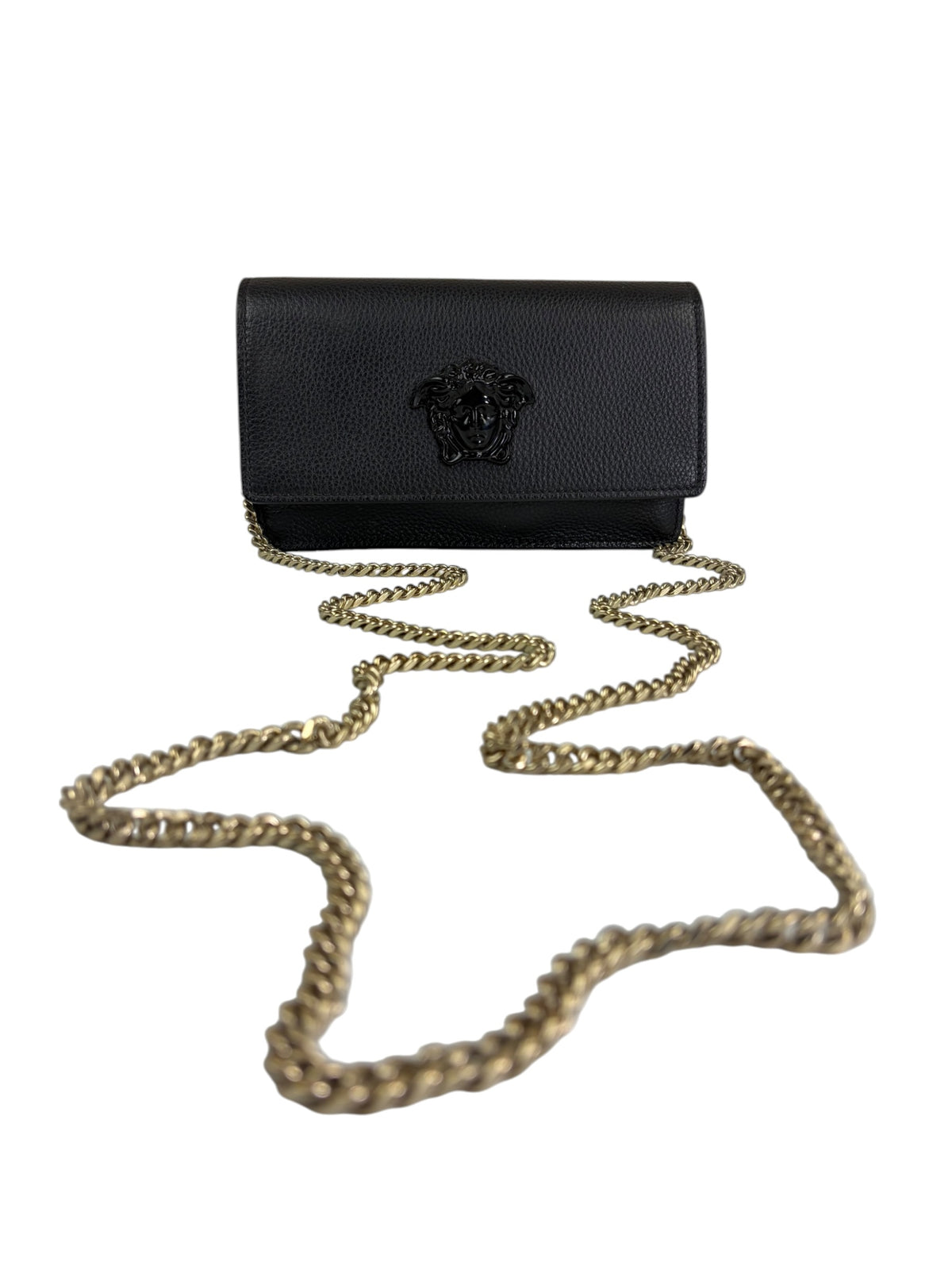 Versace Black Leather Palazzo Medusa Flap Wallet On Chain