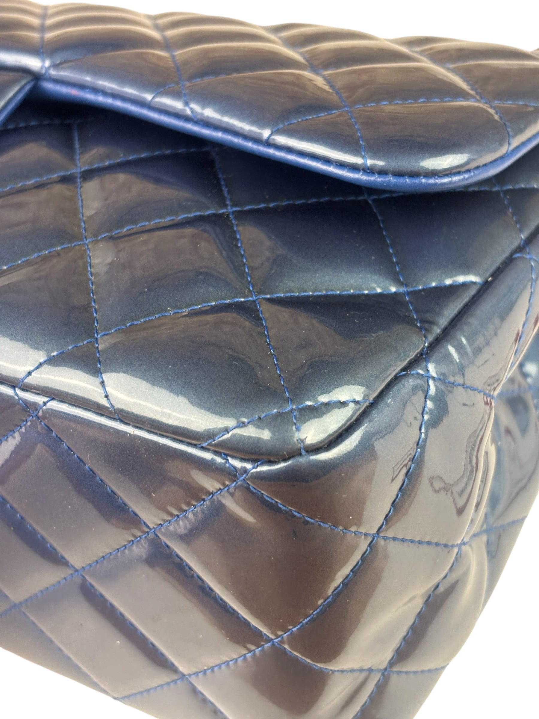 Chanel Perl Glossy Blue Quilted Patent Leather Double Flap Bag 2012