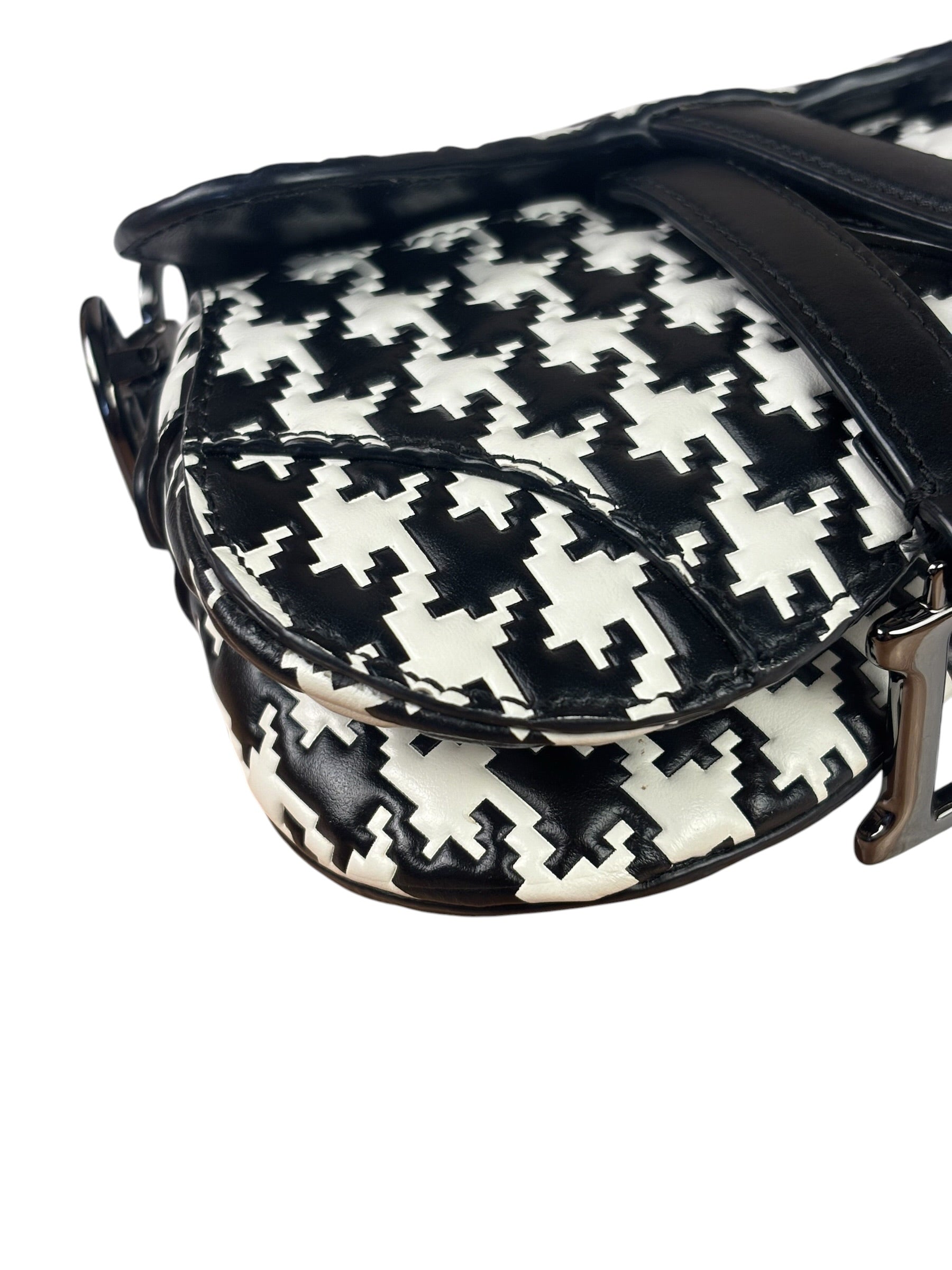 Christian Dior White/Black Leather Houndstooth Micro Saddle Bag