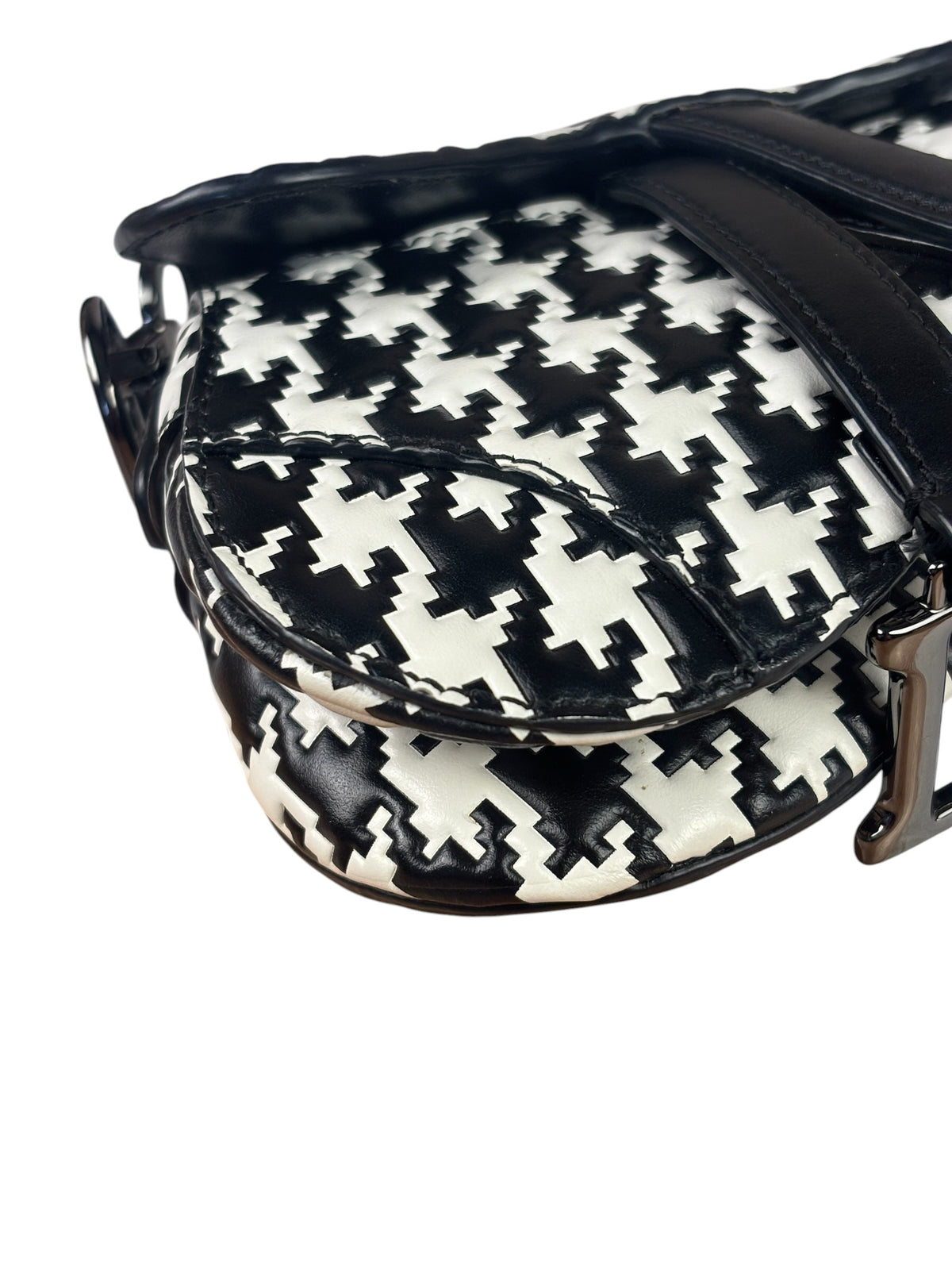 Christian Dior White/Black Leather Houndstooth Micro Saddle Bag