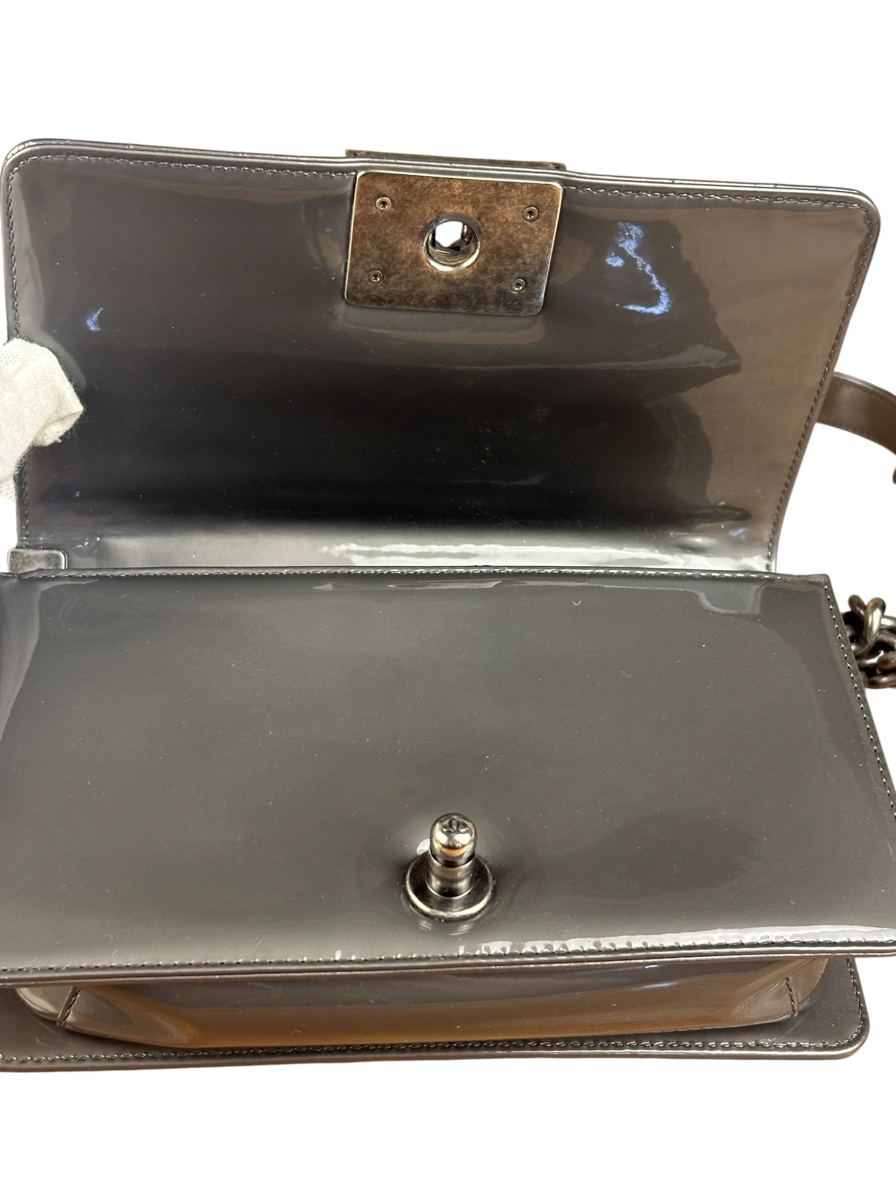 Chanel Gray Patent Leather Boy Flap Shoulder Bag
