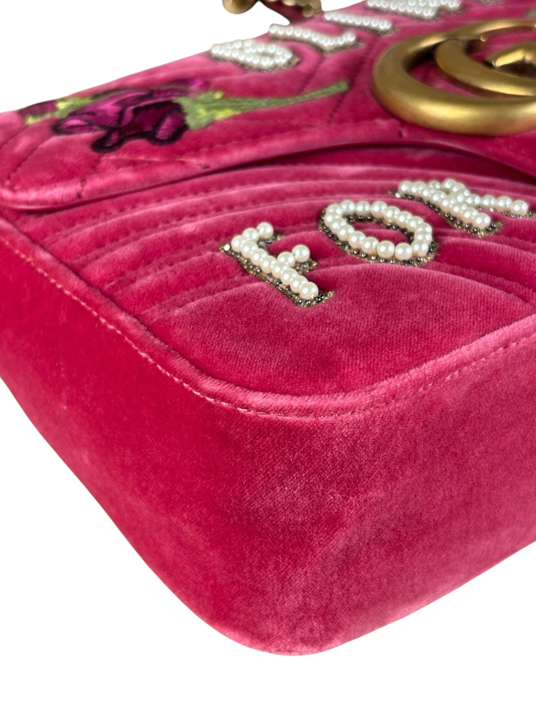 Gucci Pink GG Velvet Marmont "Blind for Love" Flap Bag