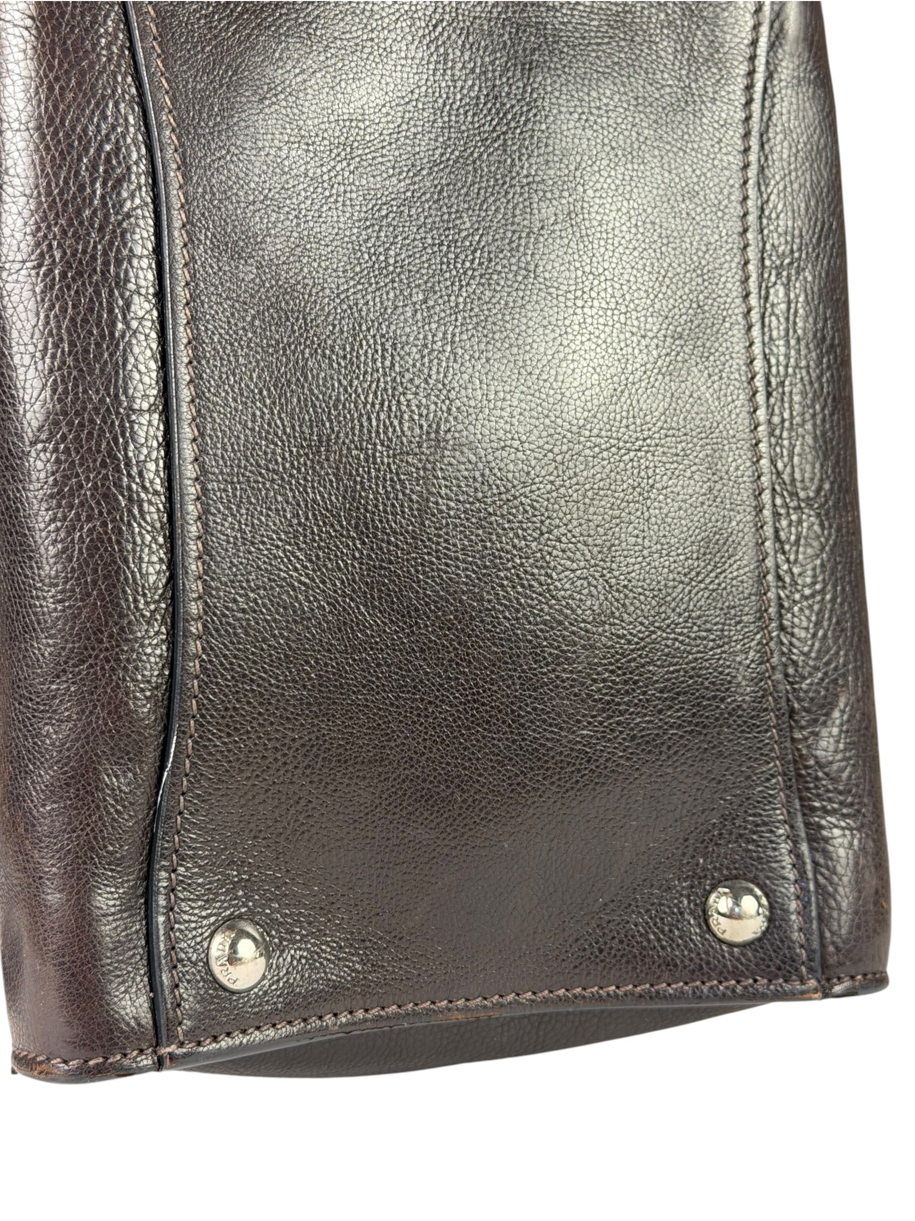 Prada Dark Brown Calf Leather Glace Twin-Pocket Tote