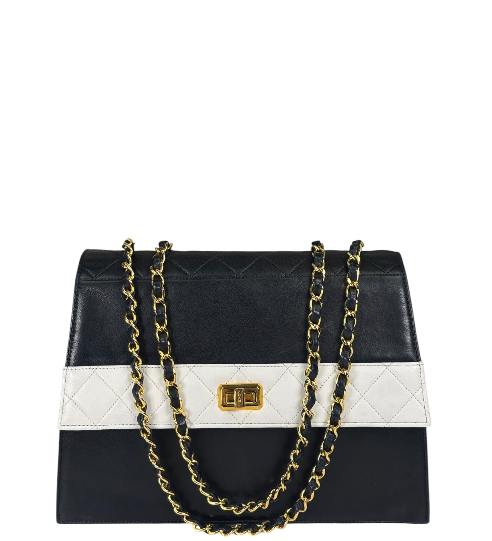 Chanel Vintage White/Black Quilted Lambskin Trapezoid Flap Bag 1990's