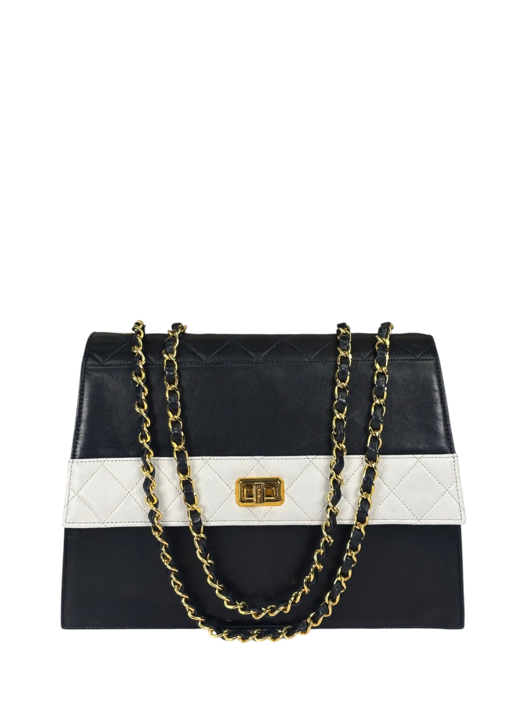 Chanel Vintage White/Black Quilted Lambskin Trapezoid Flap Bag 1990's
