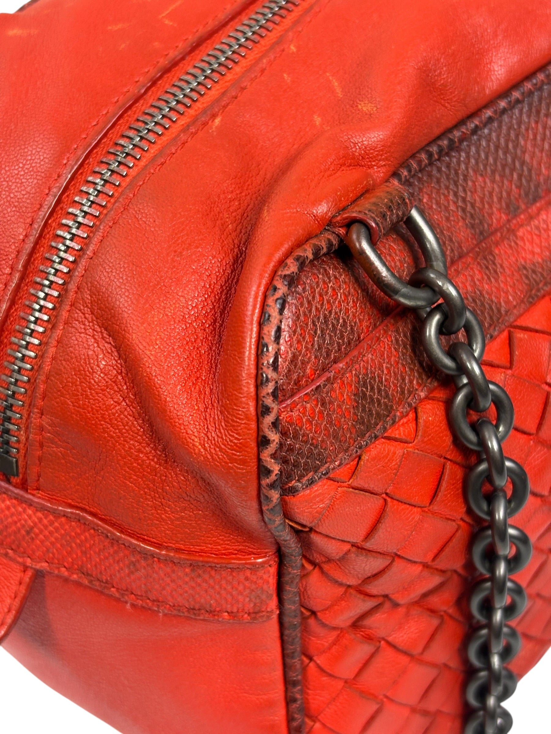 Bottega Veneta Red Lambskin/Lizard Intrecciato Shoulder Bag