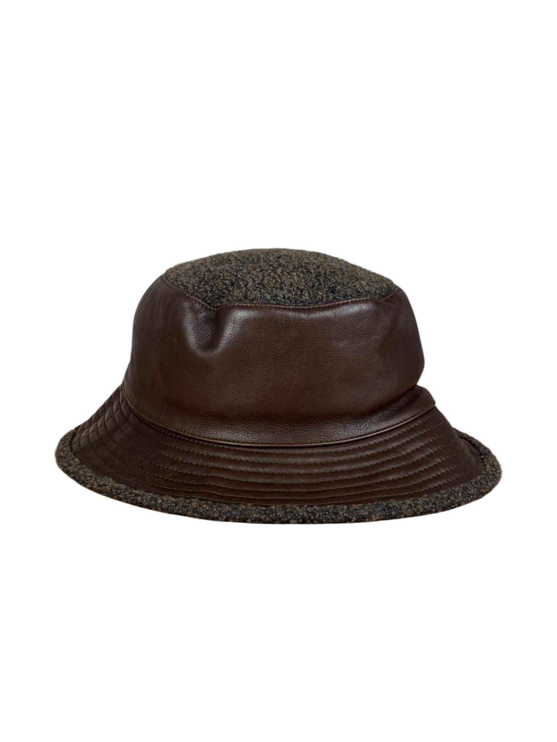 Hermes Vintage Brown Leather-Trimmed Motsch Bucket Hat