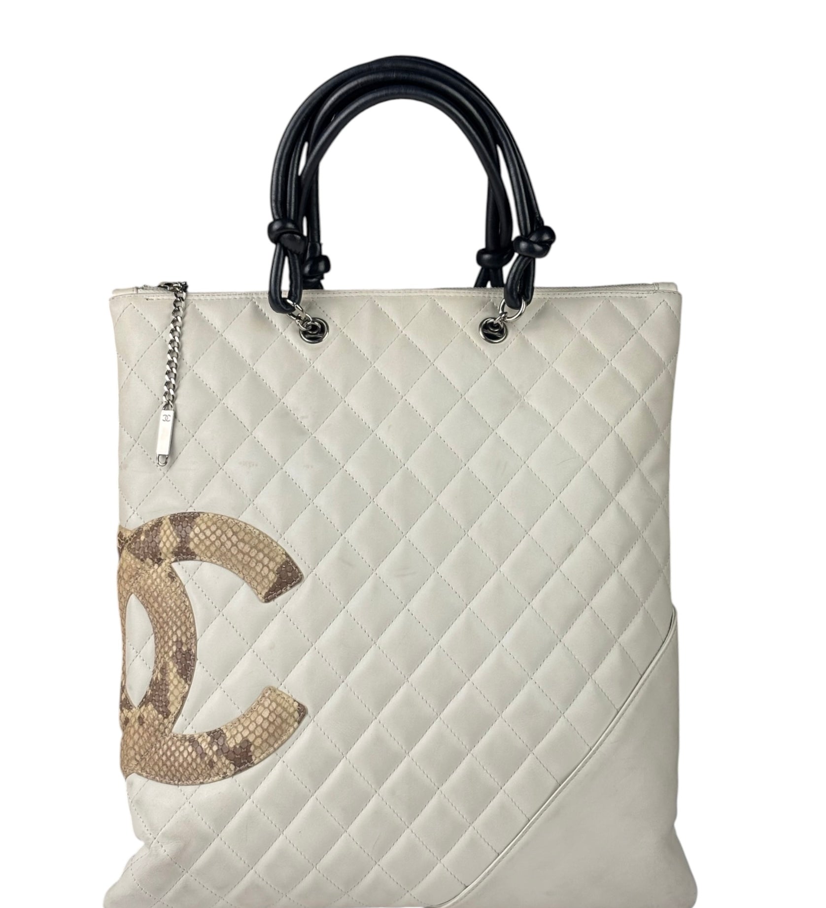 Chanel White Calfskin Quilted Python-Embossed Ligne Cambon Flat Tote Bag 2004