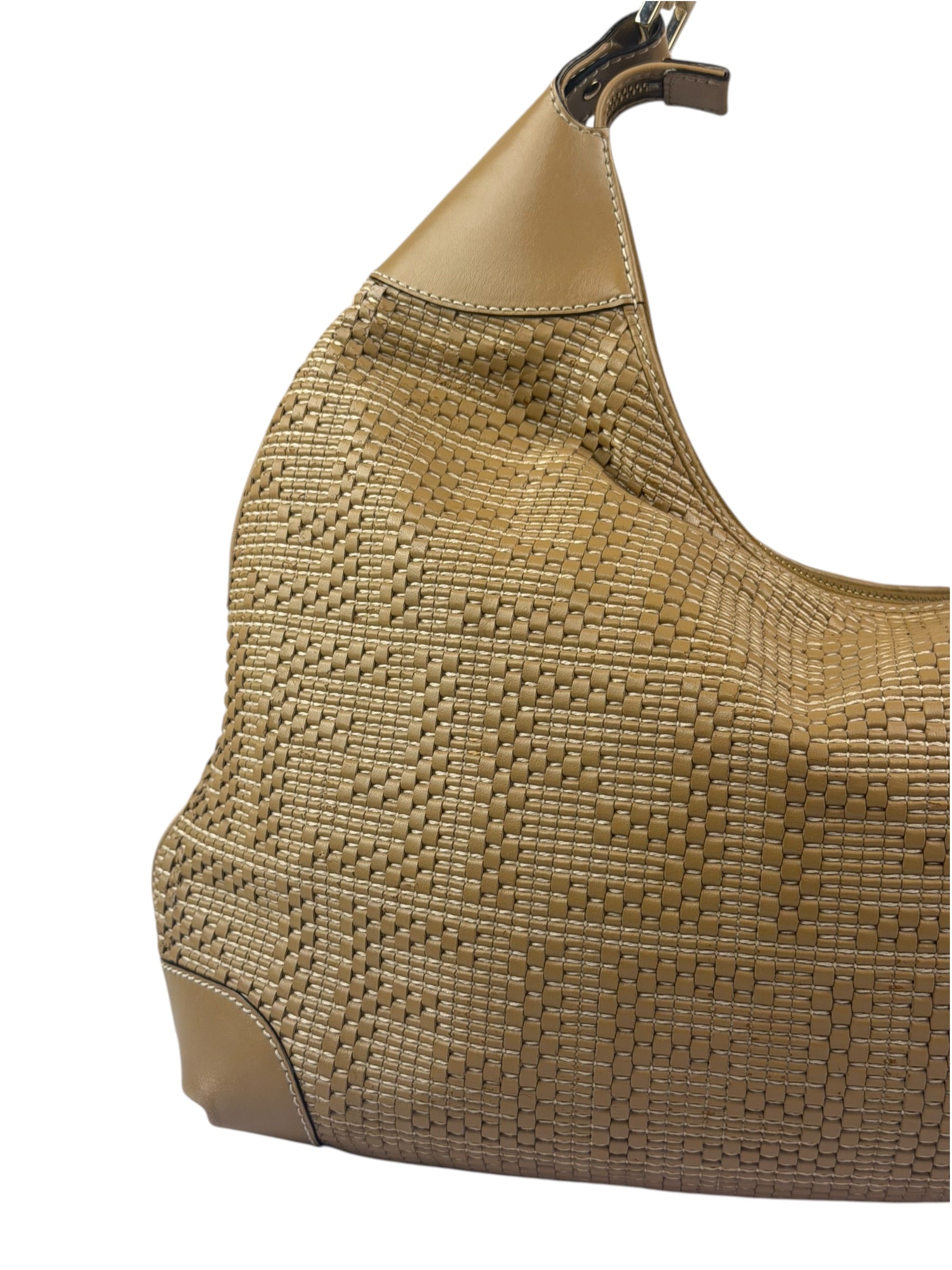 Fendi Beige Leather Trim Woven Hobo Bag