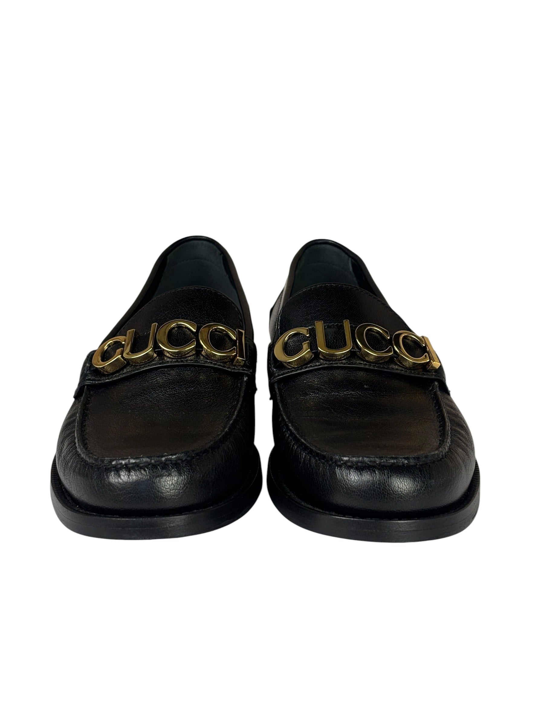 Gucci Black Leather Plaque Loafers