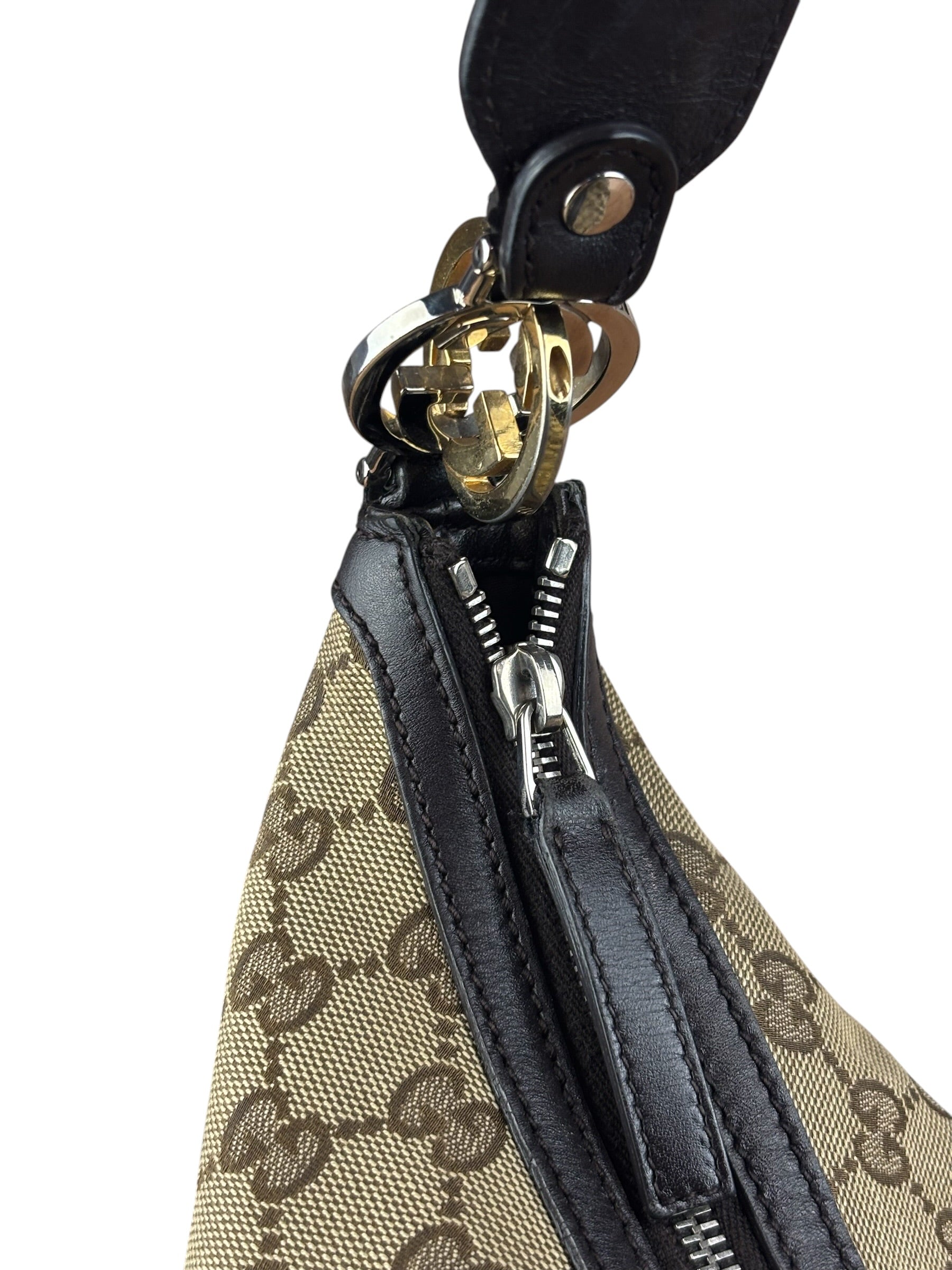 Gucci Vintage Dark Brown Leather Trim GG Canvas Twin Hobo Bag