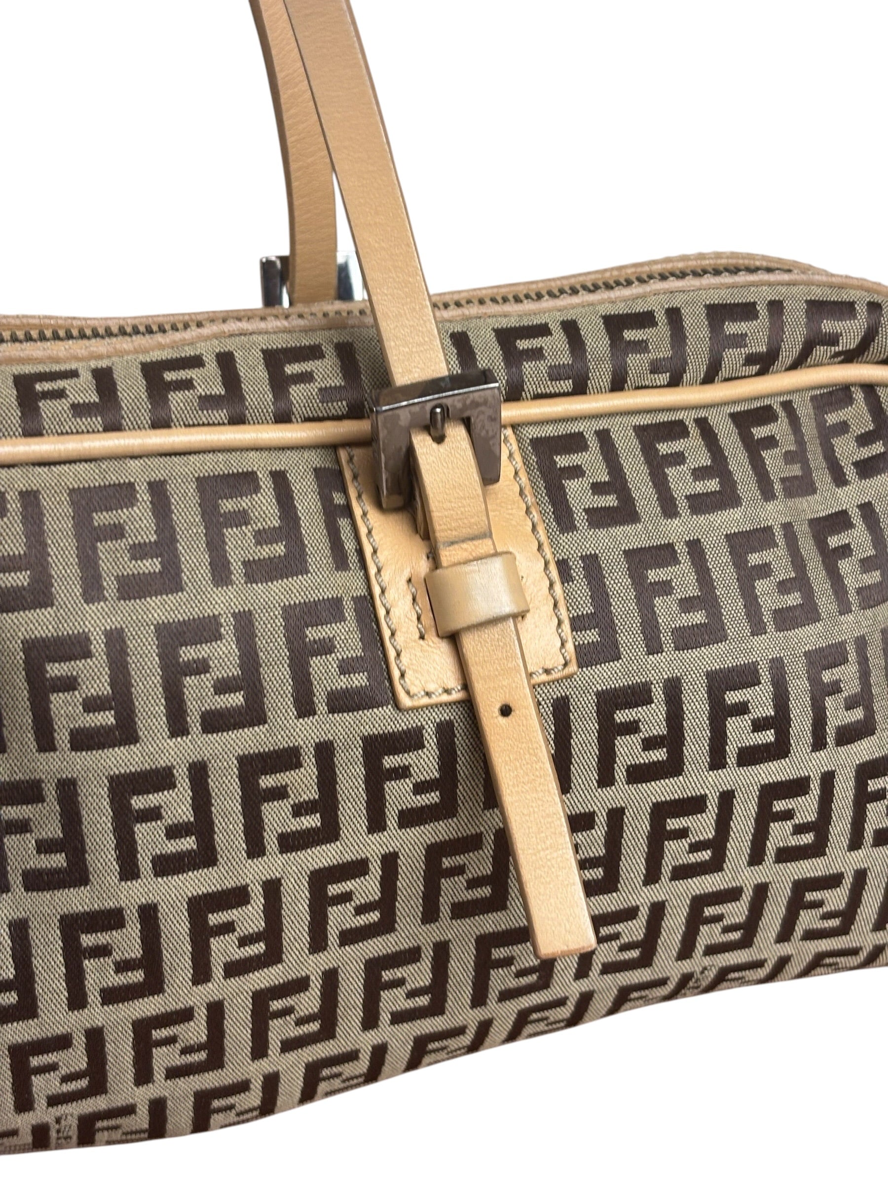 Fendi Beige Leather Trim Zucca Small Boston Bag