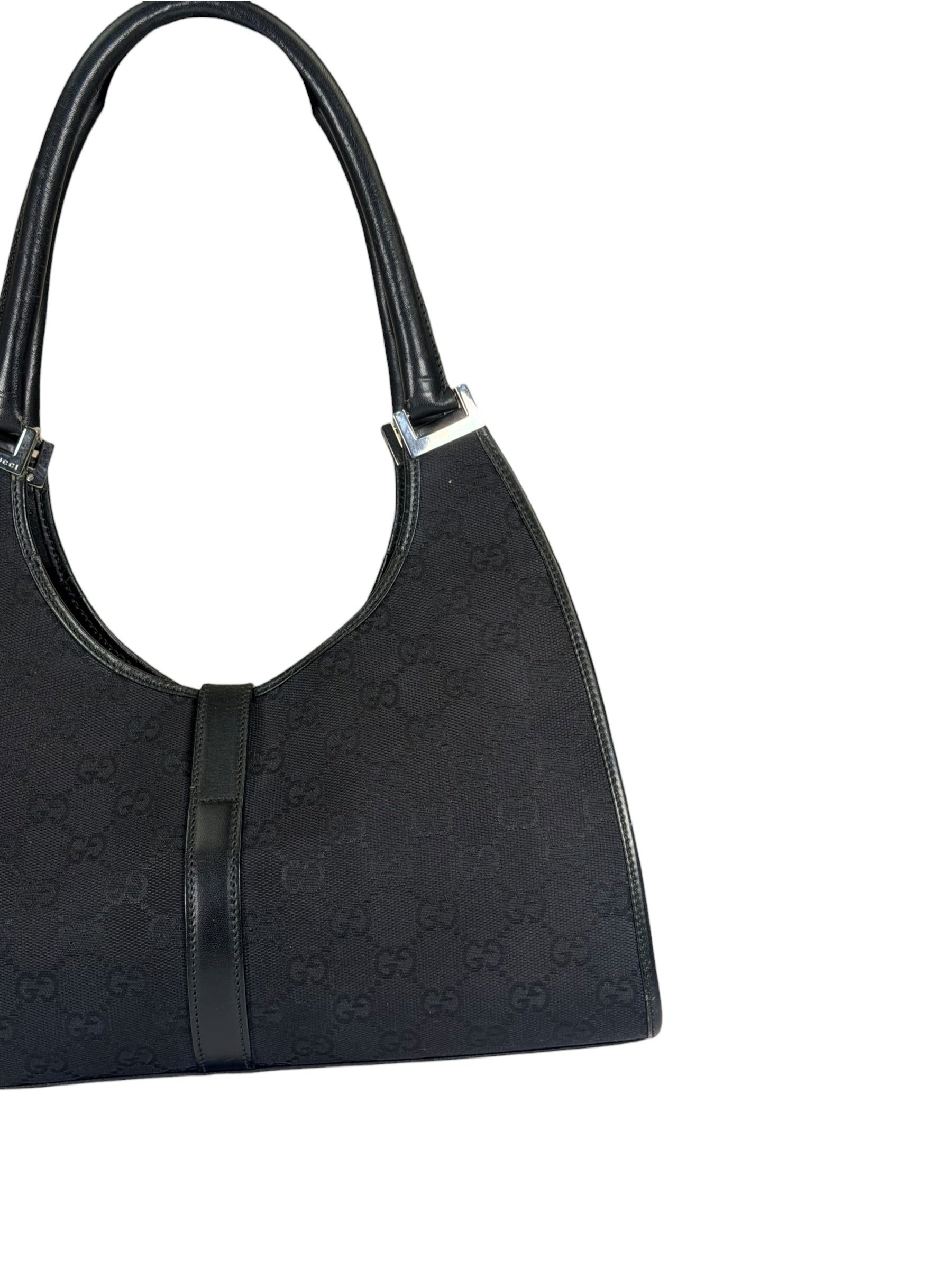 Gucci Black Leather Trim GG Bardot Jackie Medium Hobo Bag