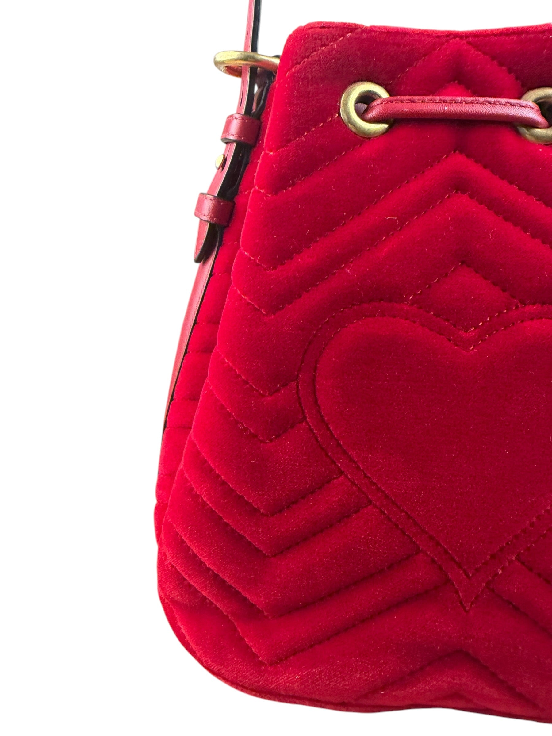 Gucci Red Velvet Leather Trim Marmont Matelasse Bucket Bag