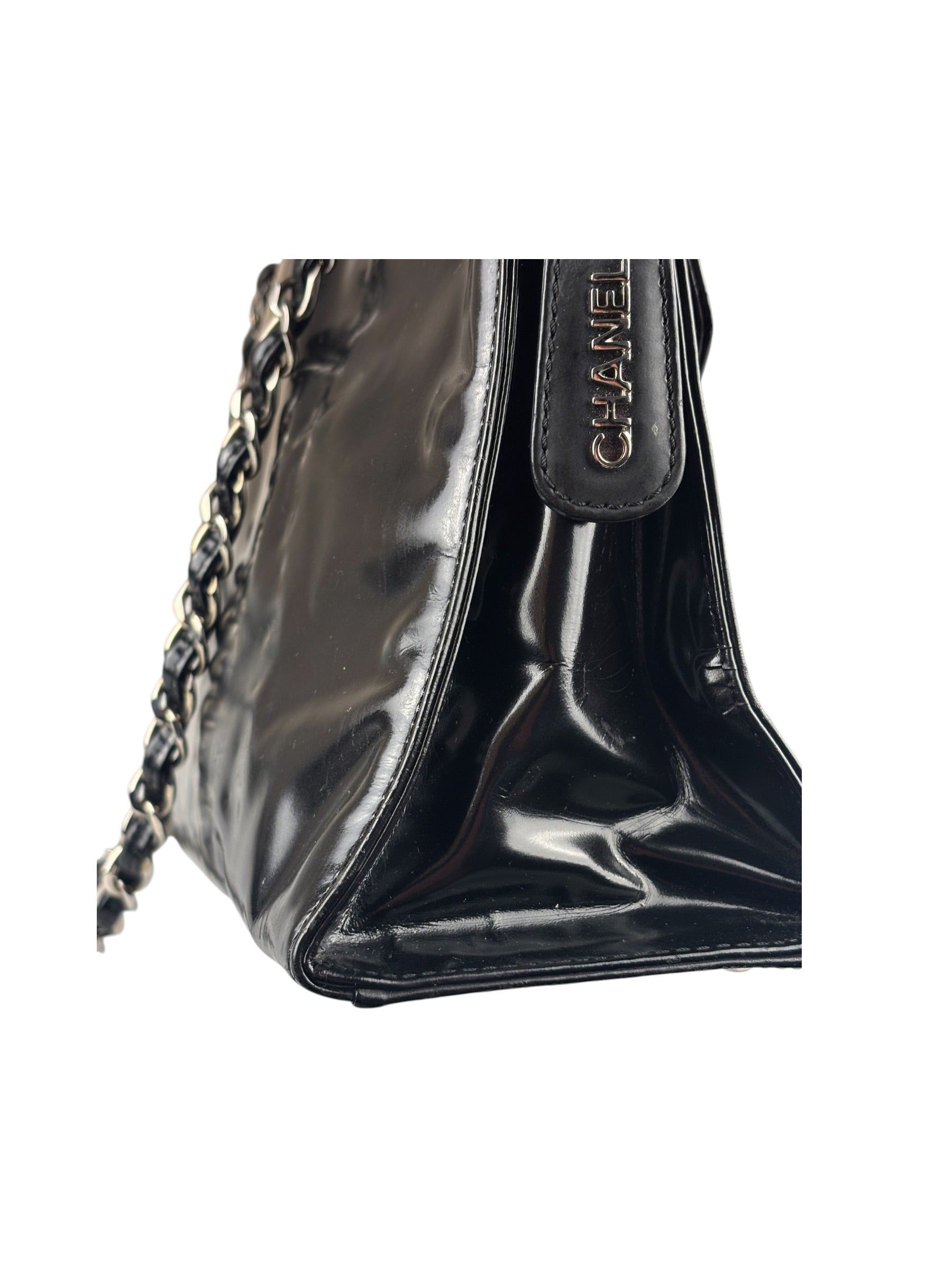 Chanel Vintage Black Patent Leather Envelope Chain Shoulder Bag 1998