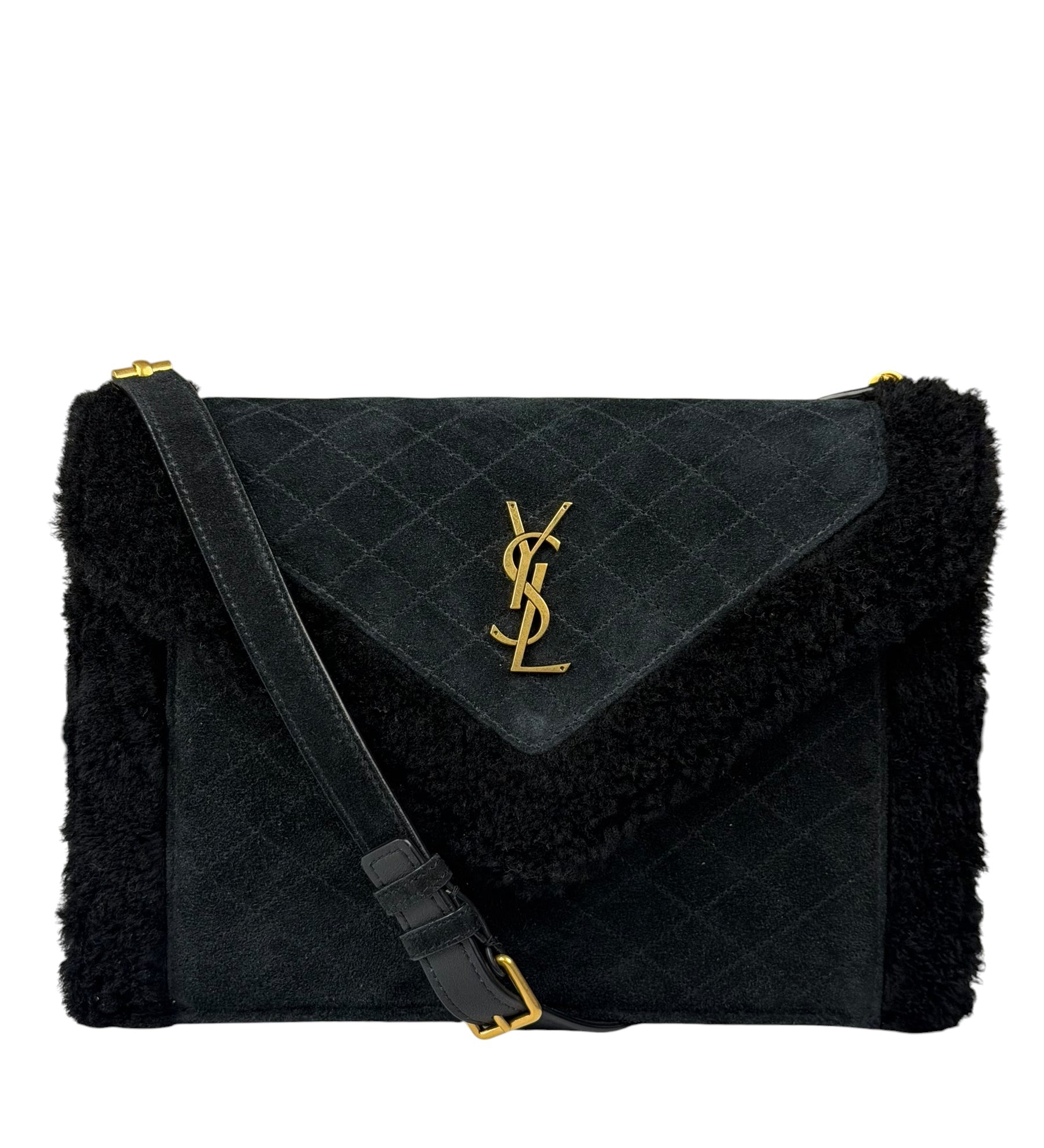 YSL Bicolor Quilted-Suede Shearling Gaby Shoulder Bag