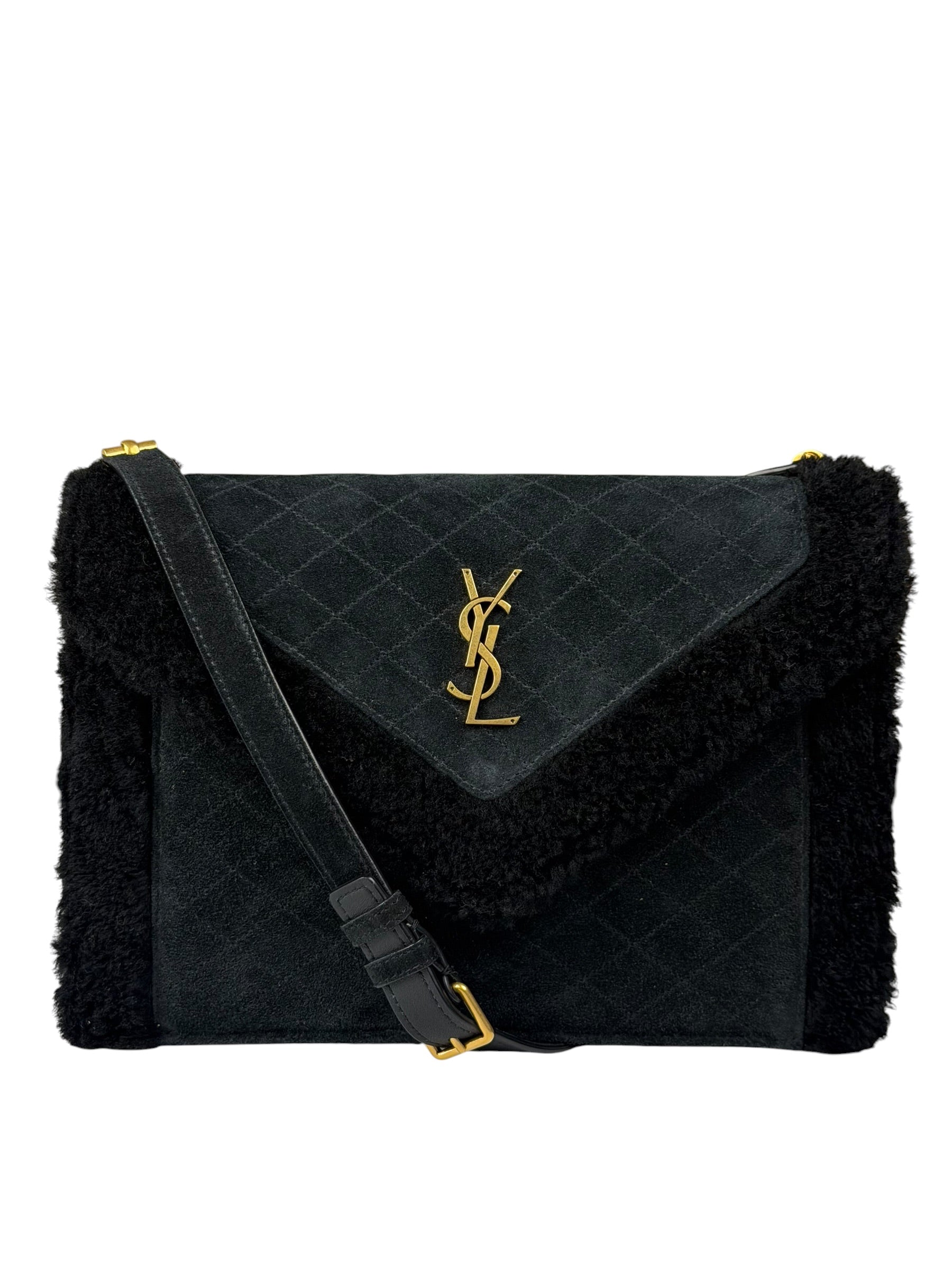 YSL Bicolor Quilted-Suede Shearling Gaby Shoulder Bag