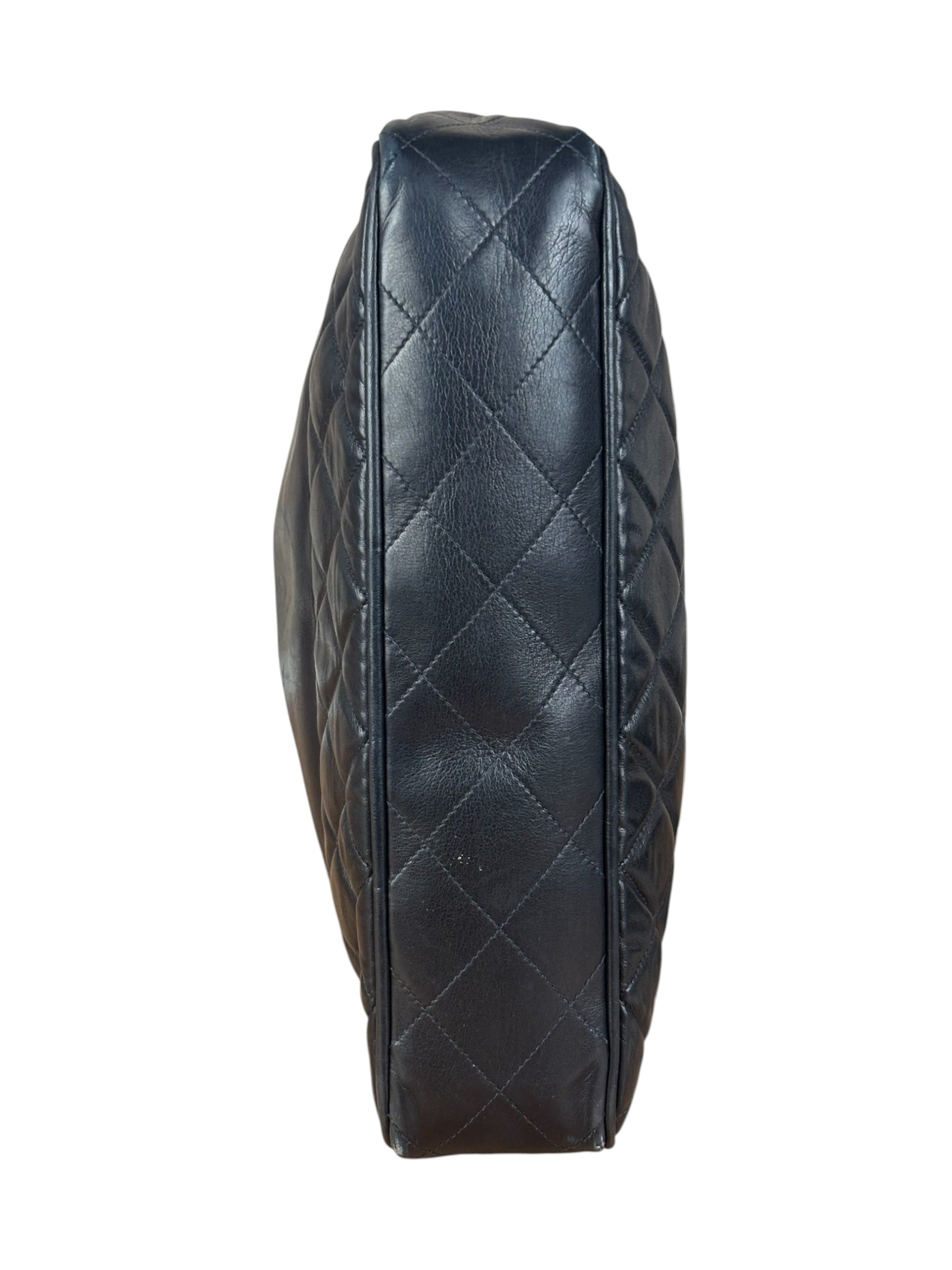 Chanel Vintage Black Leather Quilted Bottom Chain Tote Bag 1987