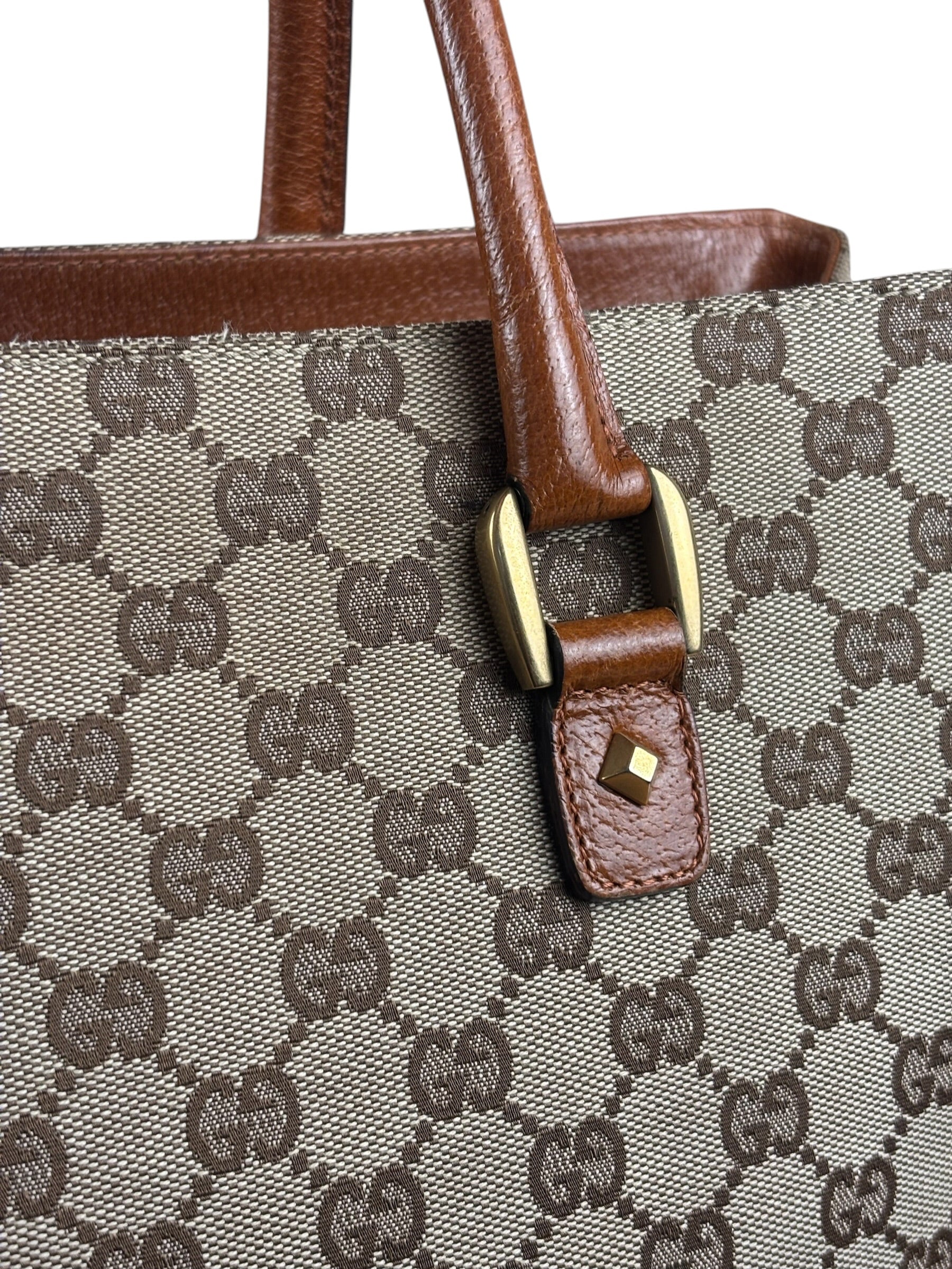 Gucci GG Brown Leather Trim Canvas Monogram Tote Bag