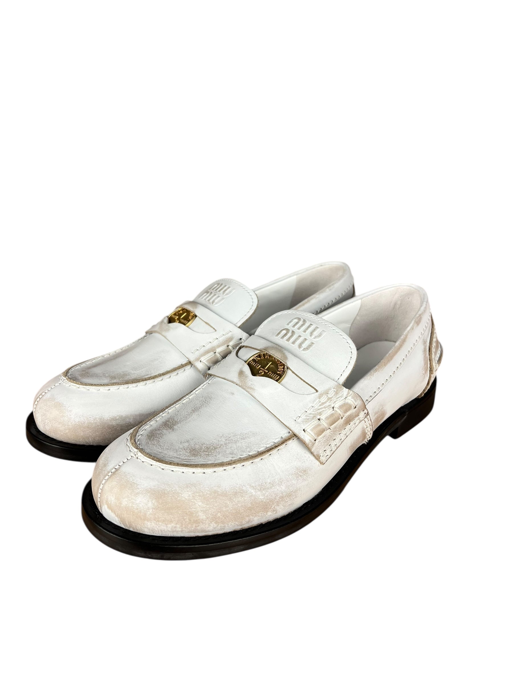 Miu Miu White Distressed Leather Penny Loafers