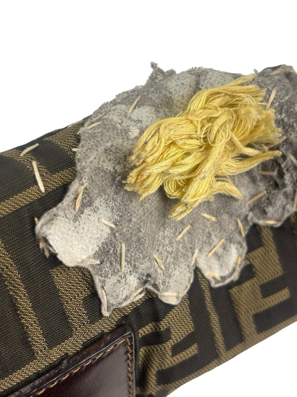 Fendi Brown Leather Trim Zucca Floral Embroidered Baguette
