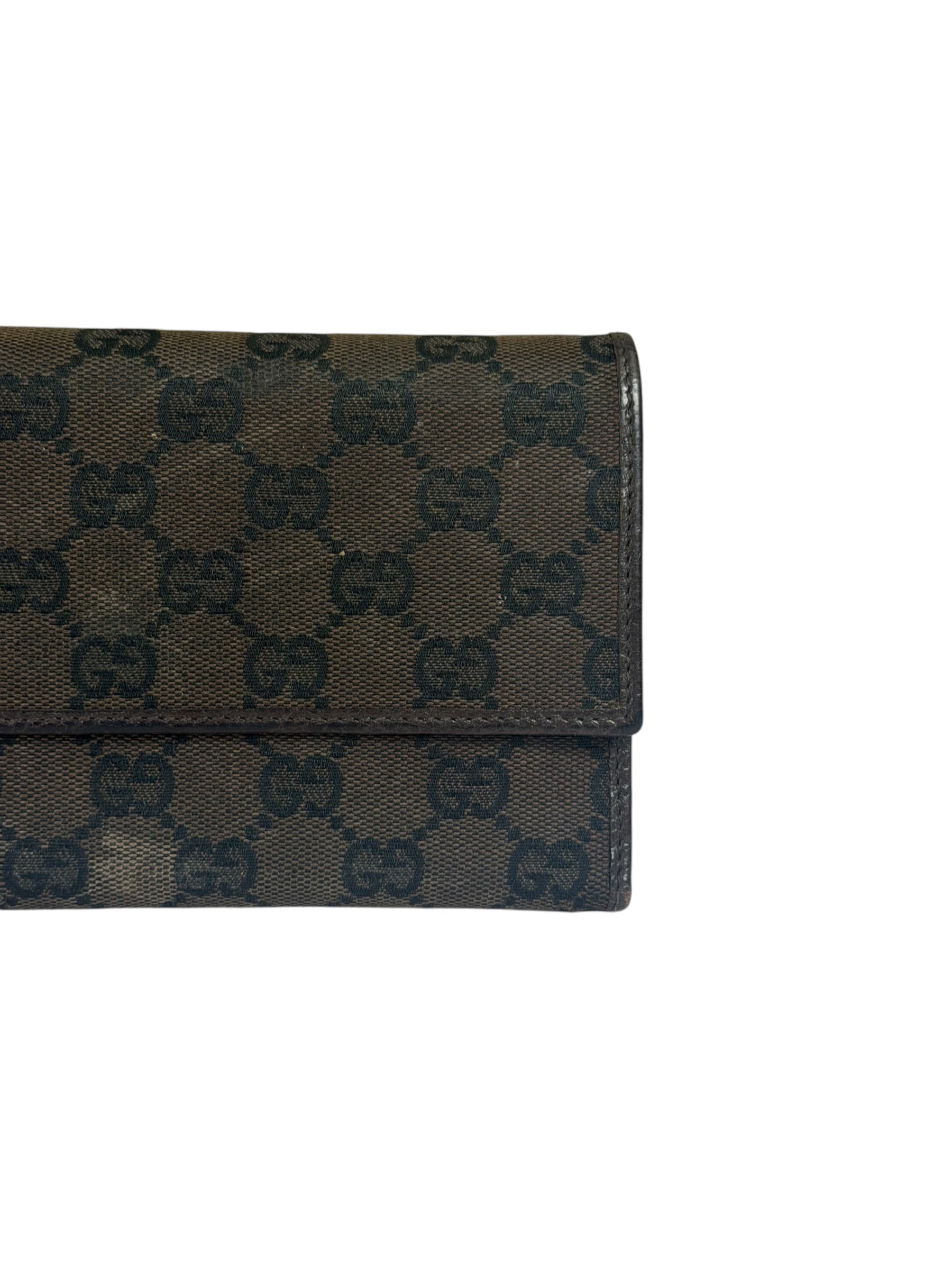 Gucci Brown Leather Trim GG TriFold Long Wallet