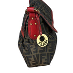 Fendi Beige/Red Leather Trim Zucca Chef Flap Bag