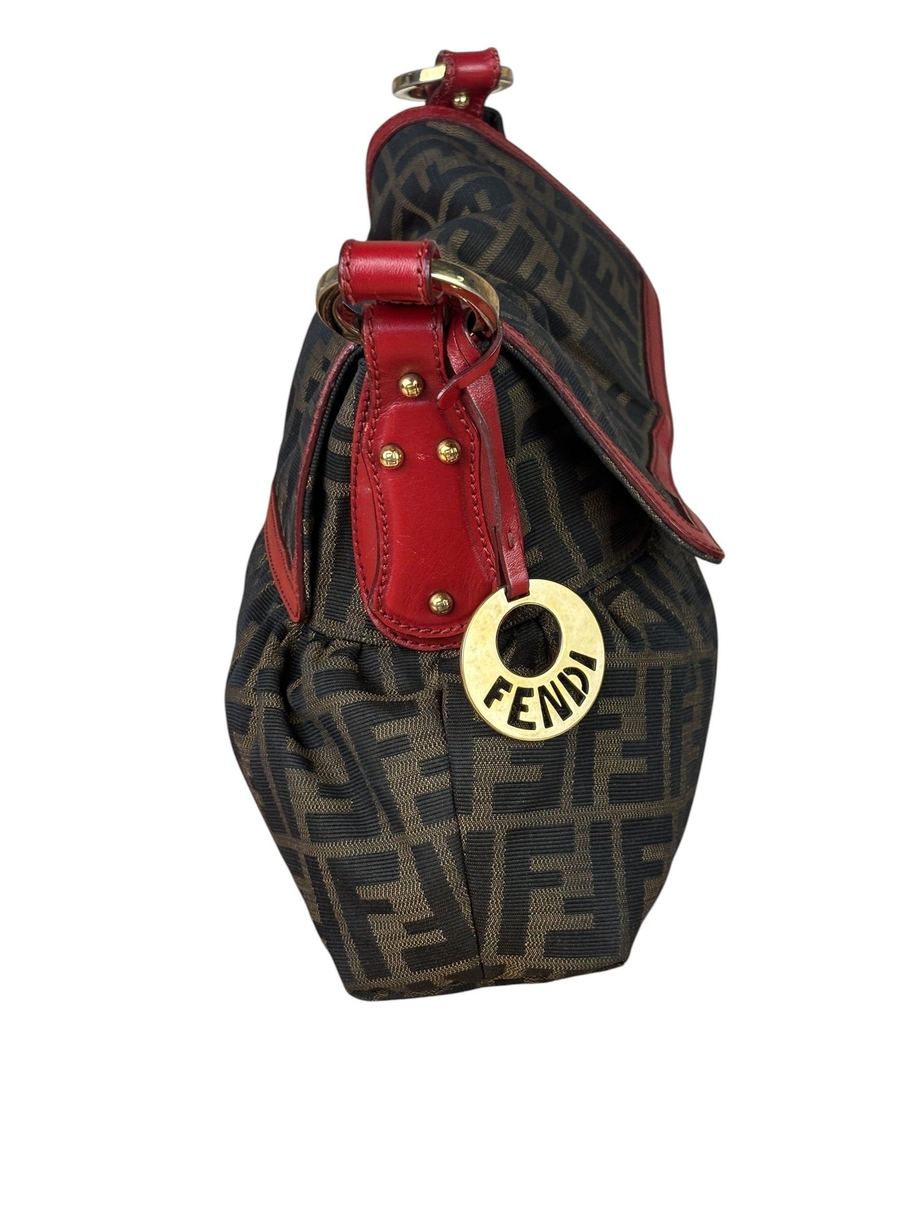 Fendi Beige/Red Leather Trim Zucca Chef Flap Bag
