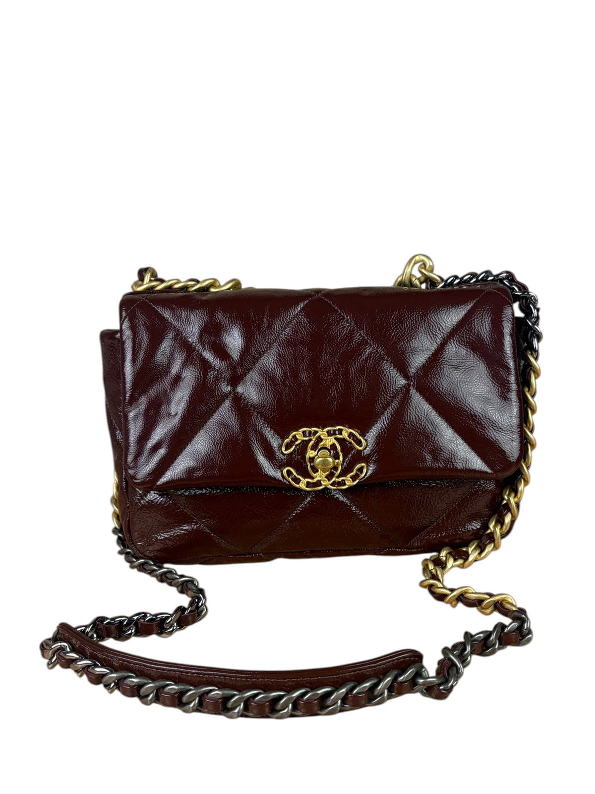 Chanel 19 Burgundy Quilted Patent Leather Two-Way Flap Bag 2020