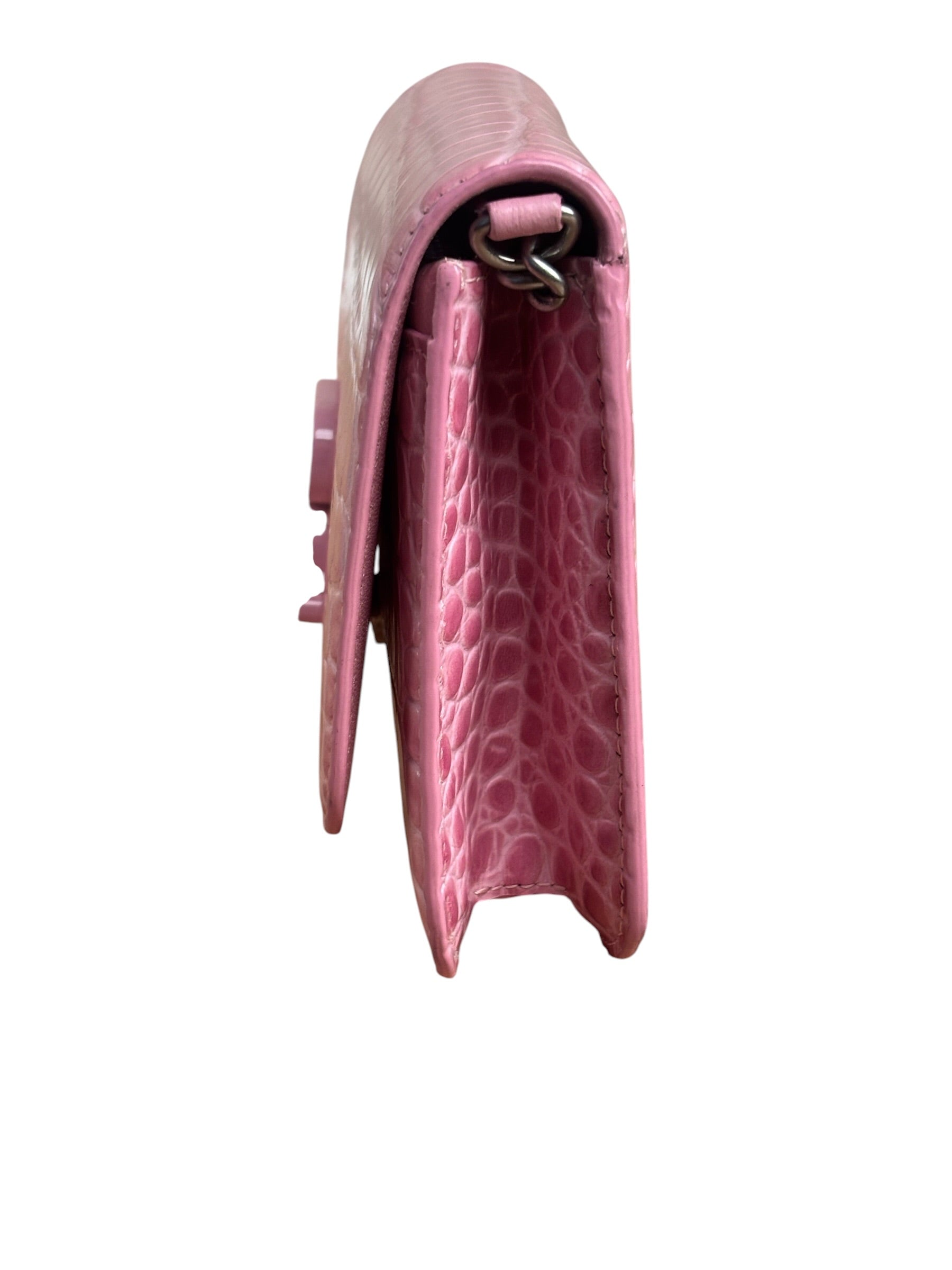 Balenciaga Pink Croc-Embossed Leather Chain B Wallet