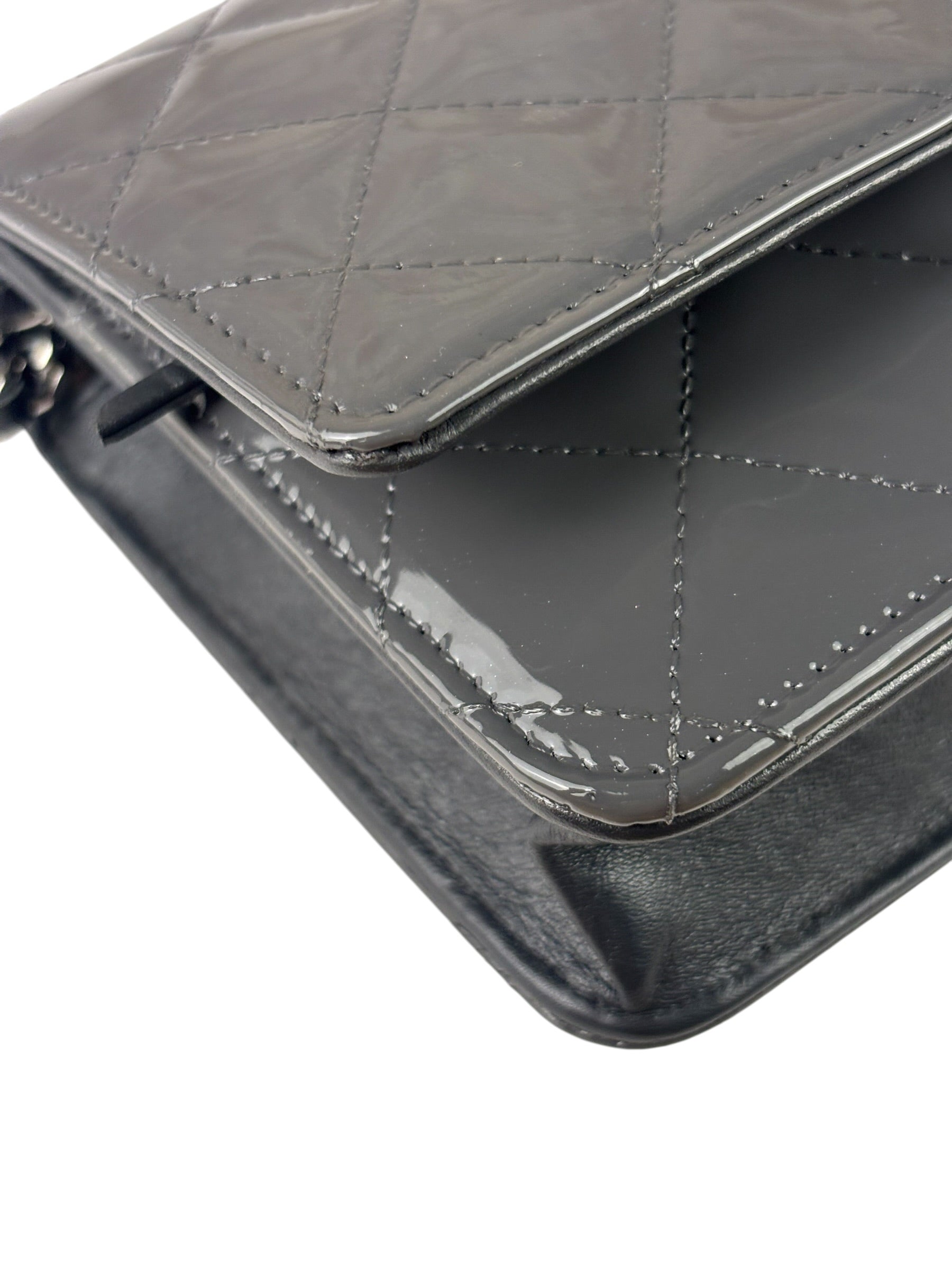 Chanel Grey Quilted Patent Leather Wallet-On-Chain 2012
