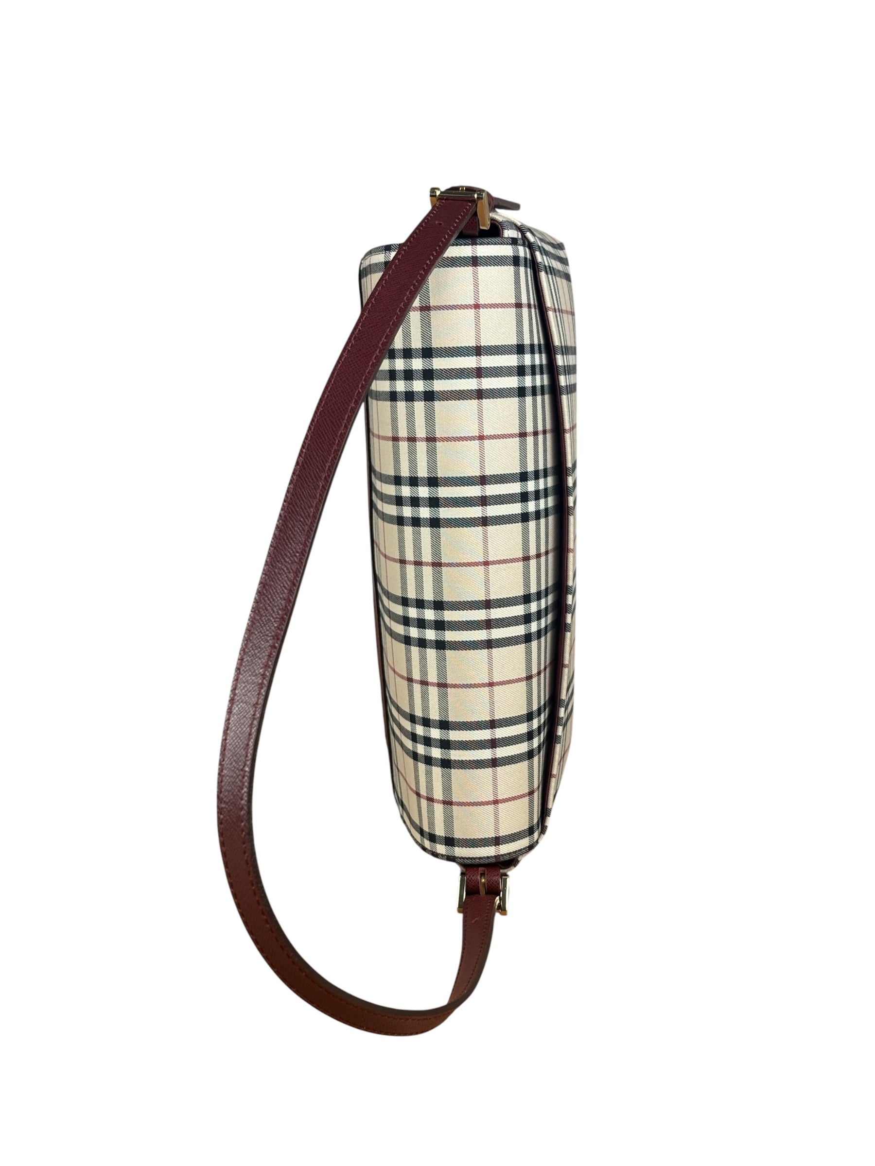 Burberry Burgundy Leather Trim House Check Shoulder Bag