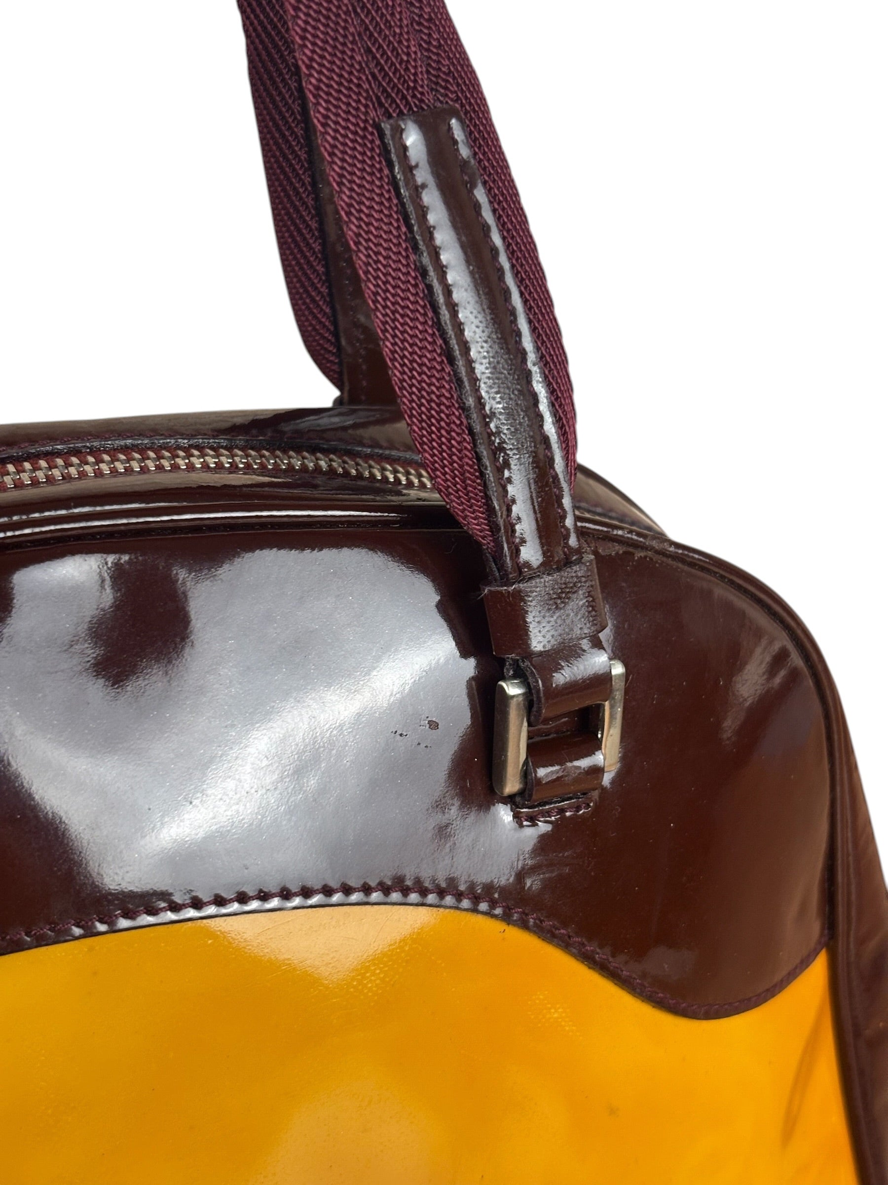 Prada Vintage Yellow/Burgundy Patent Leather Bowler Shoulder Bag
