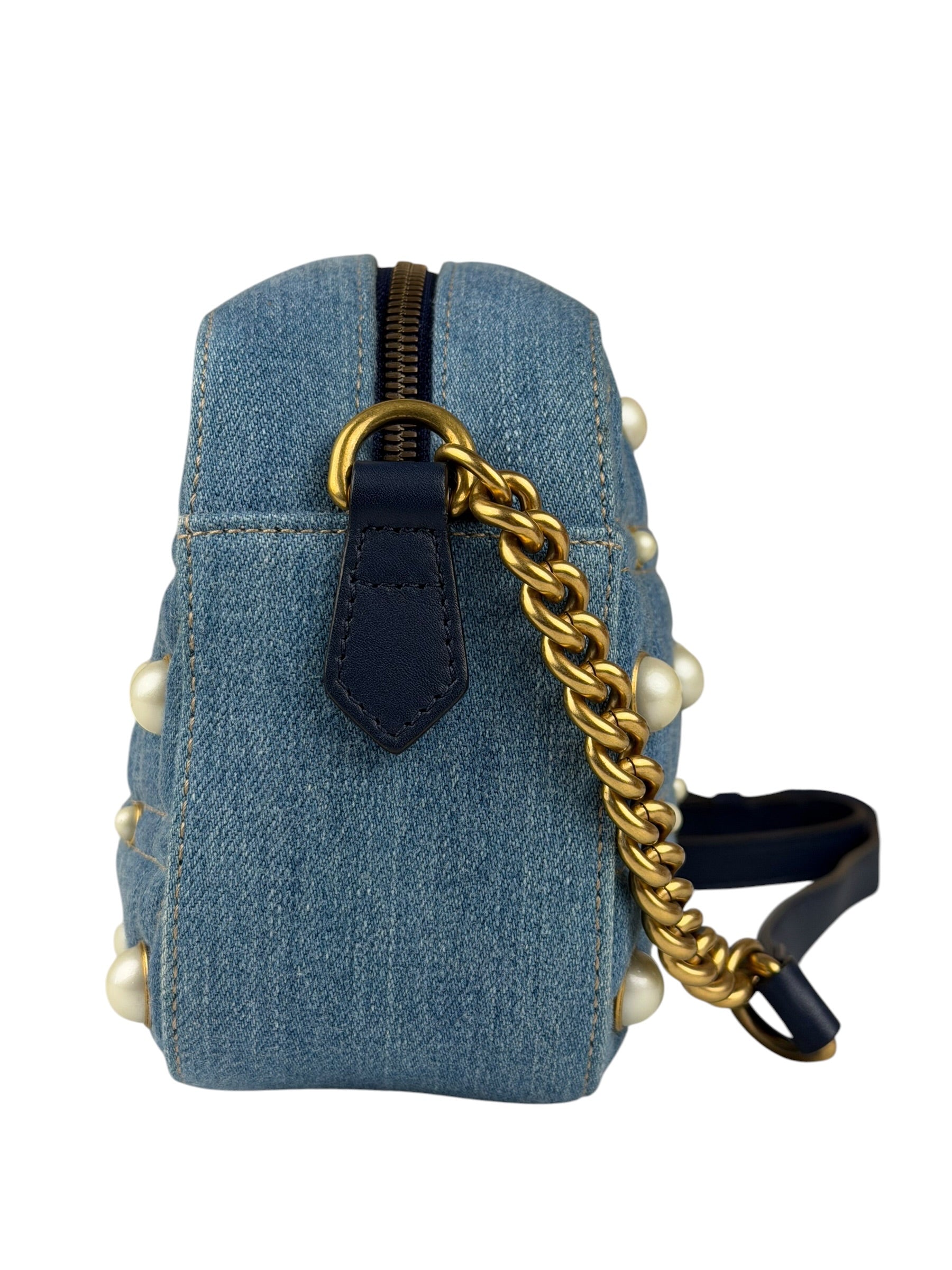 Gucci Blue Denim GG Marmont Pearl Camera Bag