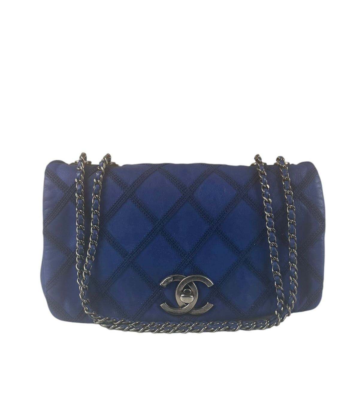 Chanel Blue Leather Diamond Stitch Iridescent Chain Flap Bag 2012