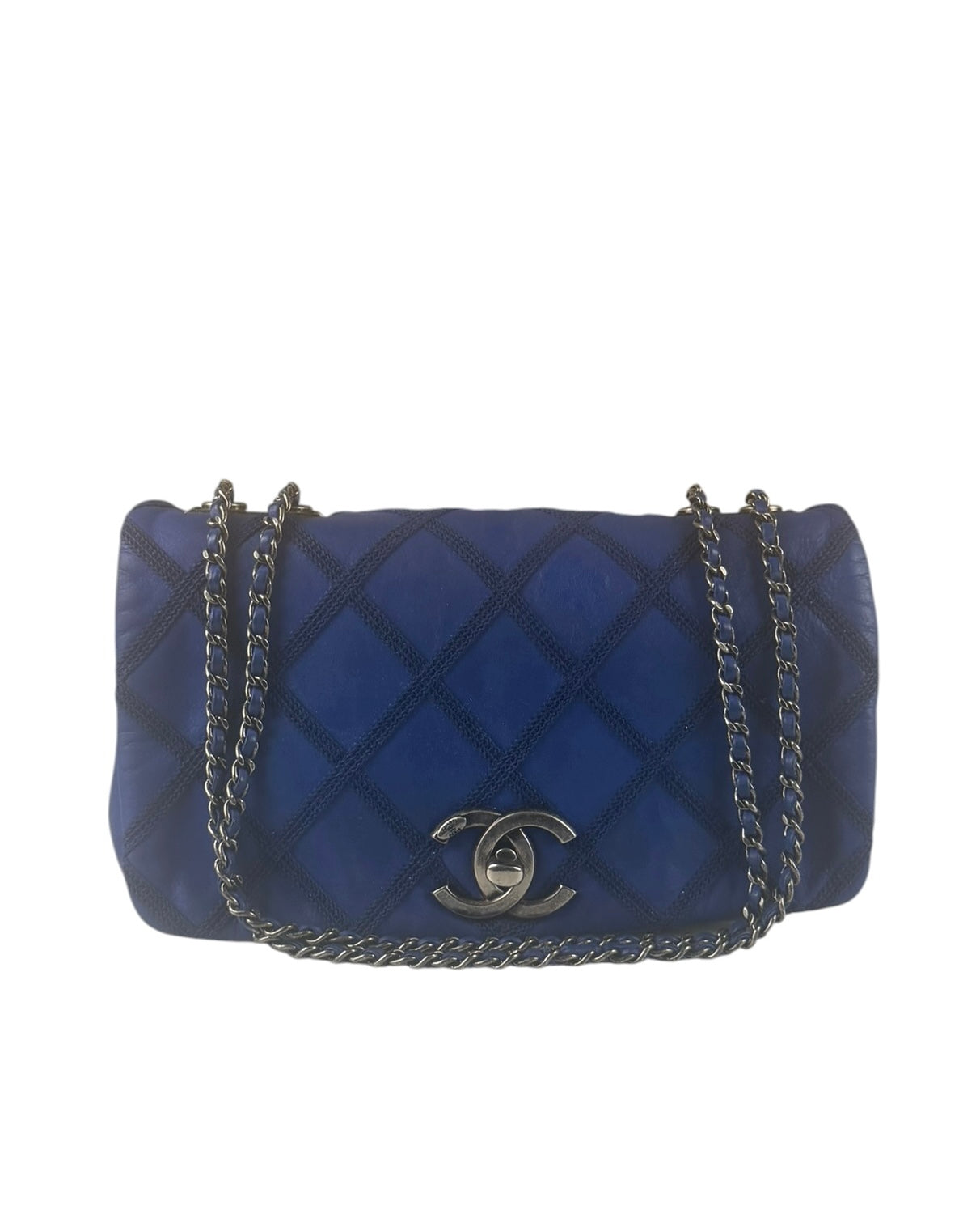 Chanel Blue Leather Diamond Stitch Iridescent Chain Flap Bag 2012
