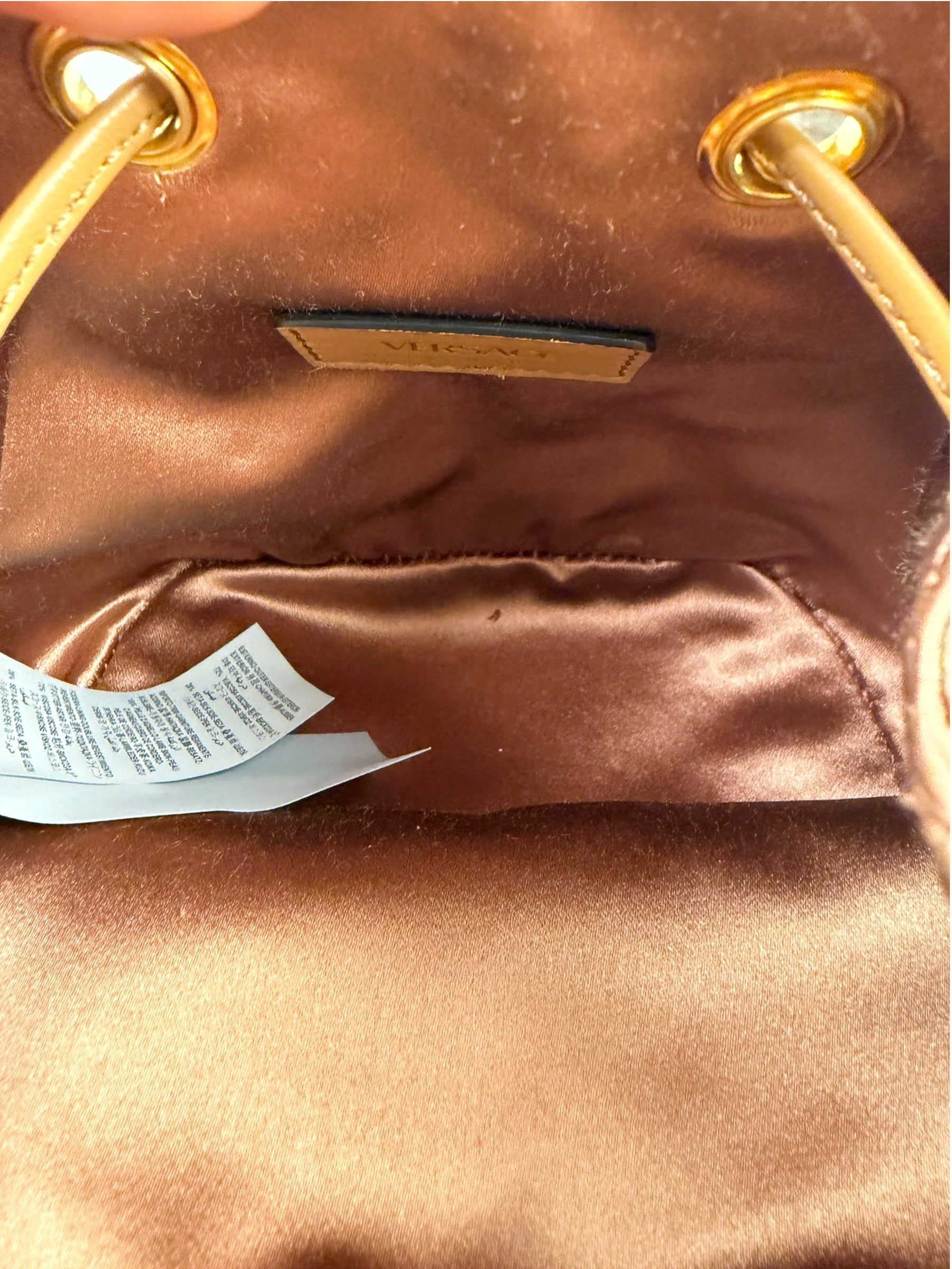 Versace La Medusa Brown Satin Crystal Embellished Mini Bucket Bag