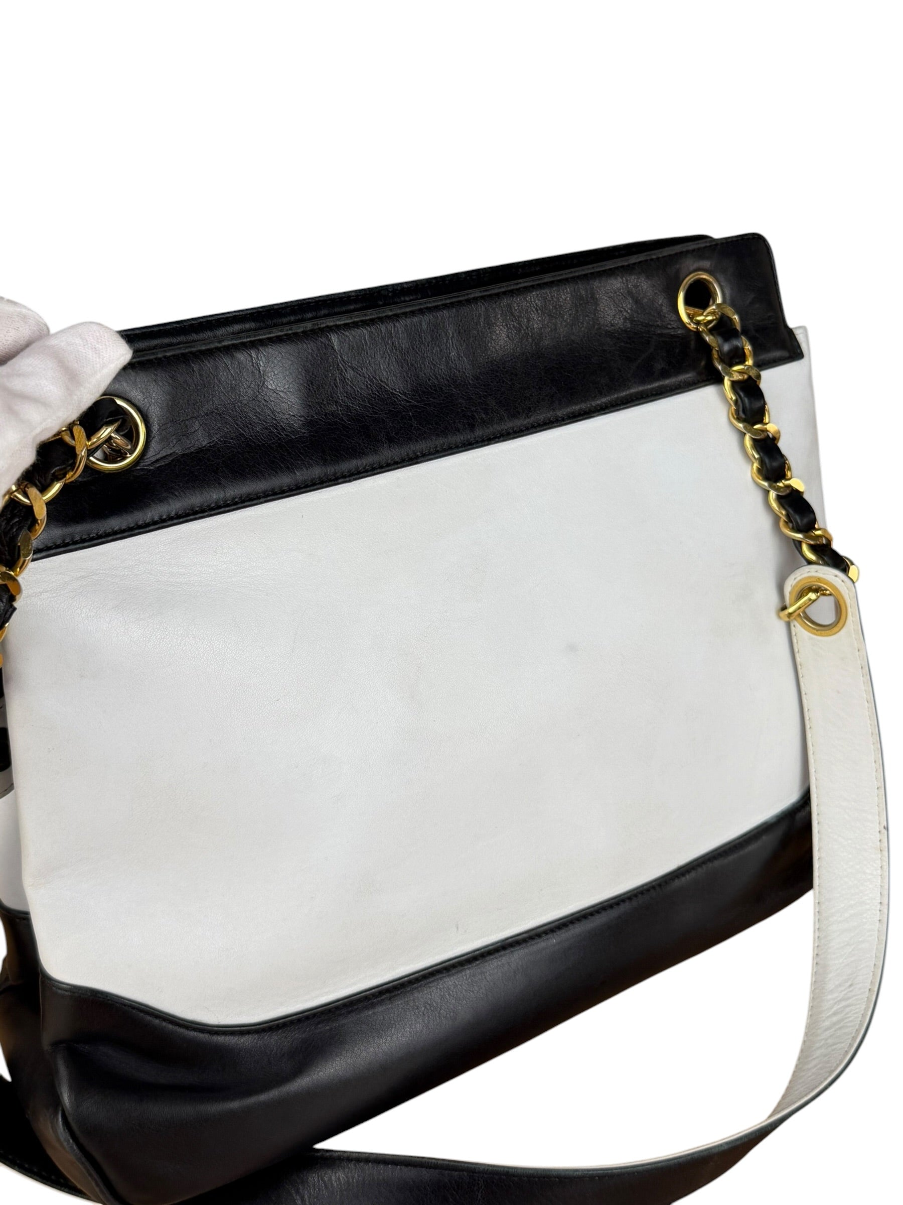 Chanel Vintage Black/White Leather CC Chain Tote '89-'91