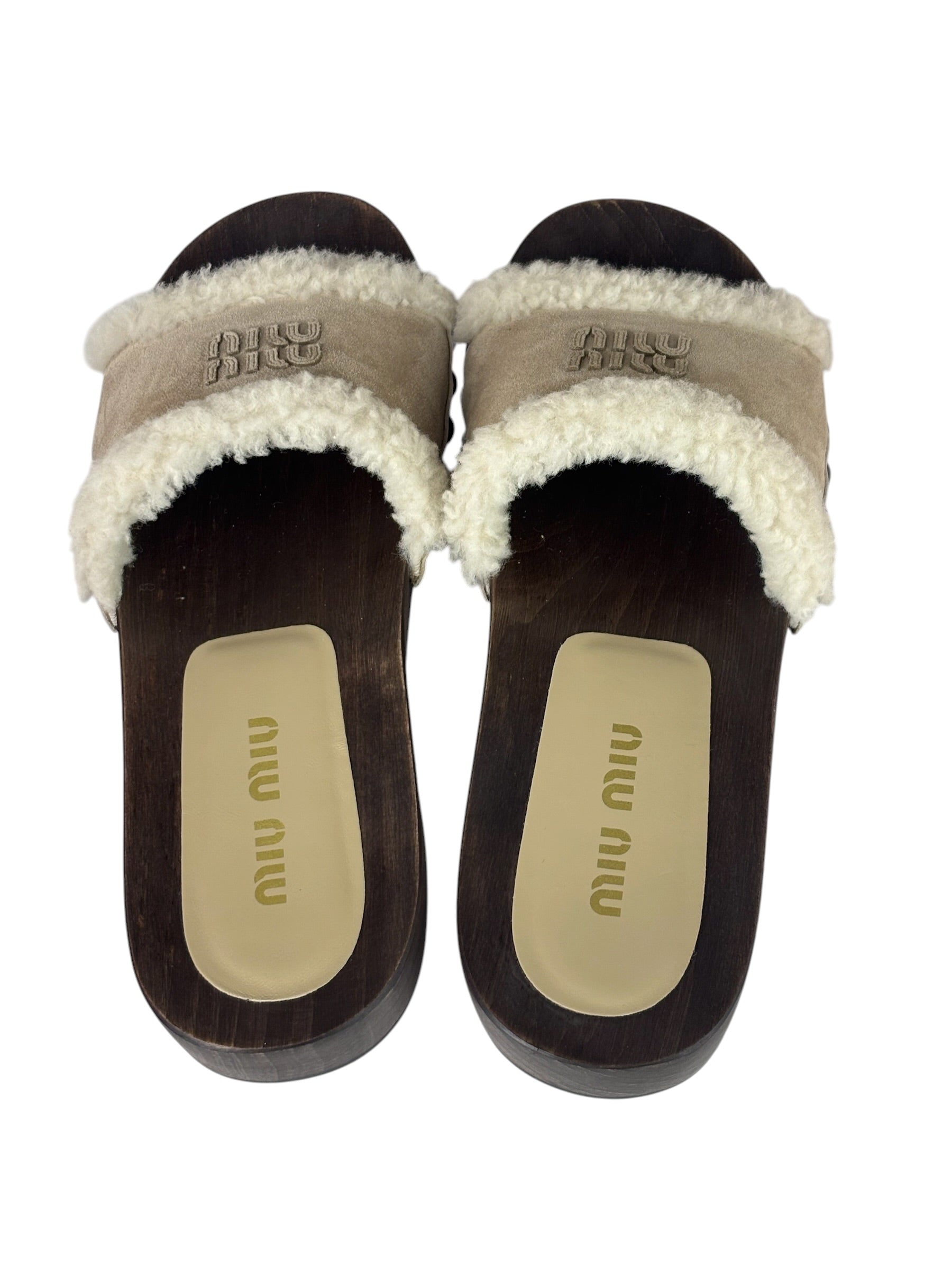 Miu Miu Suede Lining Dyed Sheep Fur Wooden Sandals