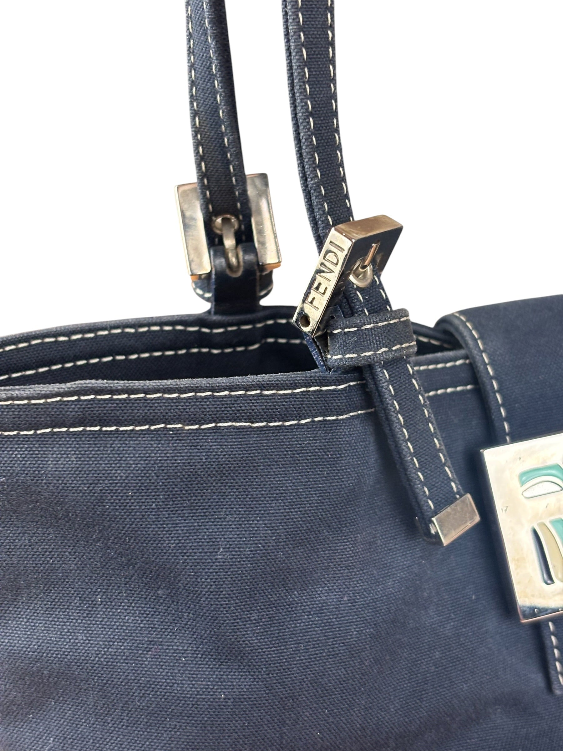 Fendi Vintage Navy Blue Leather Trim Mamma Baguette